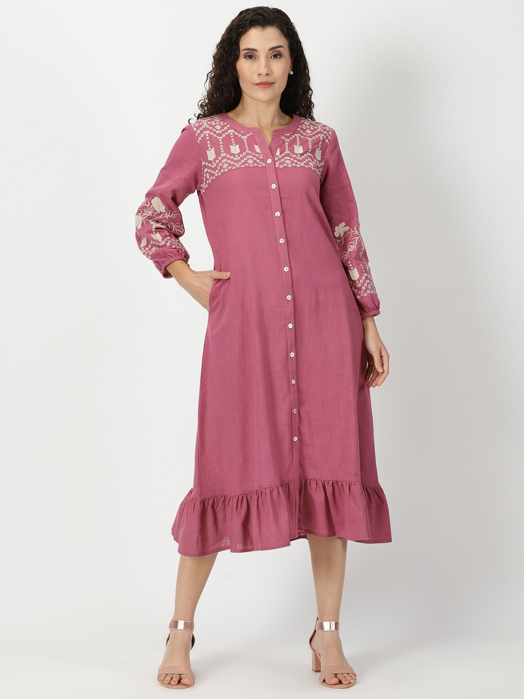 

Saffron Threads Solid Mandarin Collar Cotton A-Line Midi Dress, Pink