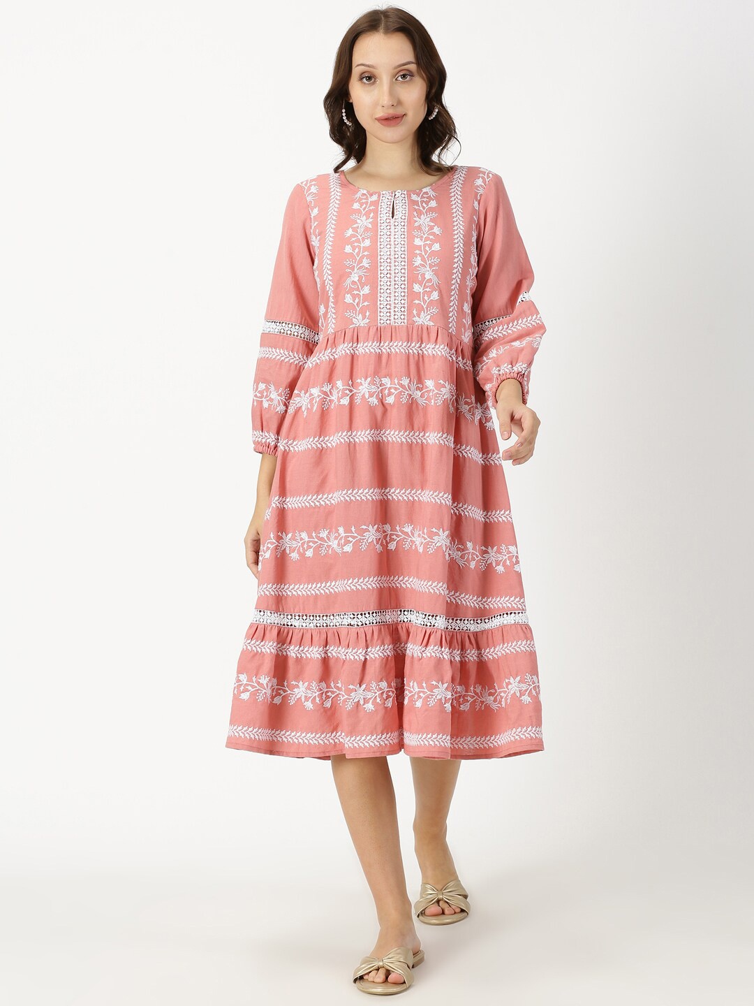 

Saffron Threads Embroidered Keyhole Neck Cotton Linen Fit & Flare Midi Dress, Peach