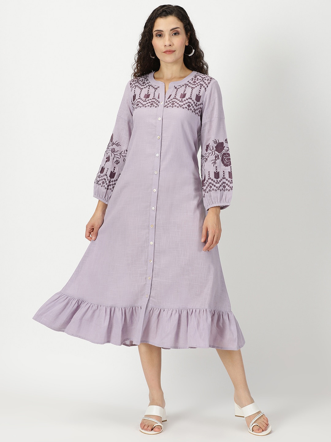 

Saffron Threads Solid Embroidered Boho Midi Dress, Lavender