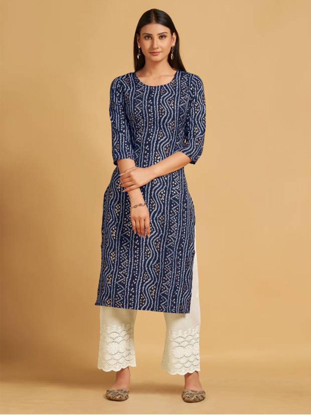 

AWRIYA Bandhani Printed Straight Kurta, Navy blue