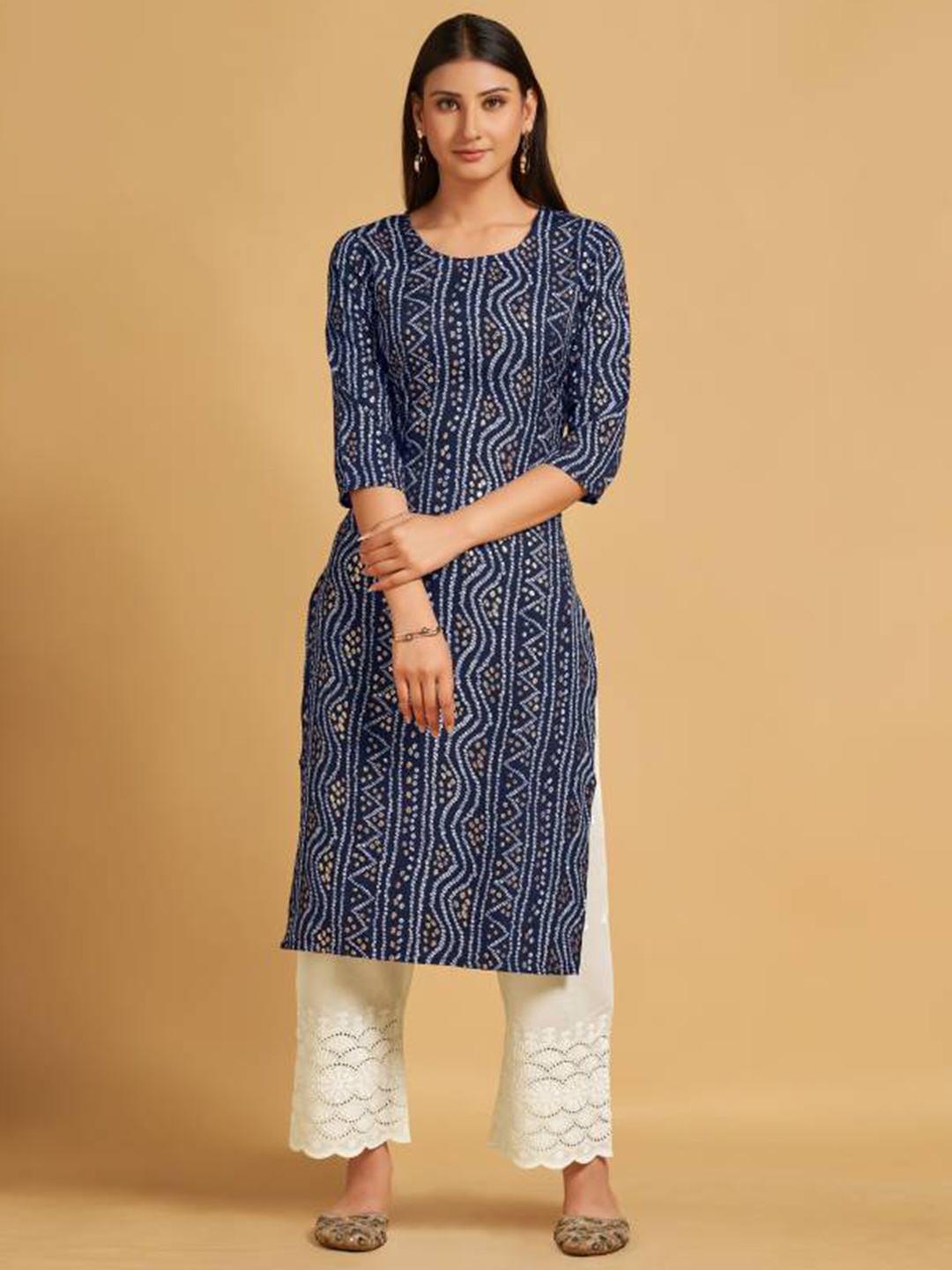 

AWRIYA Bandhani Printed Straight Kurta, Navy blue