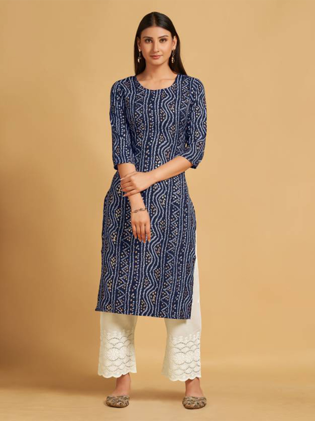 

AWRIYA Bandhani Printed Straight Kurta, Navy blue
