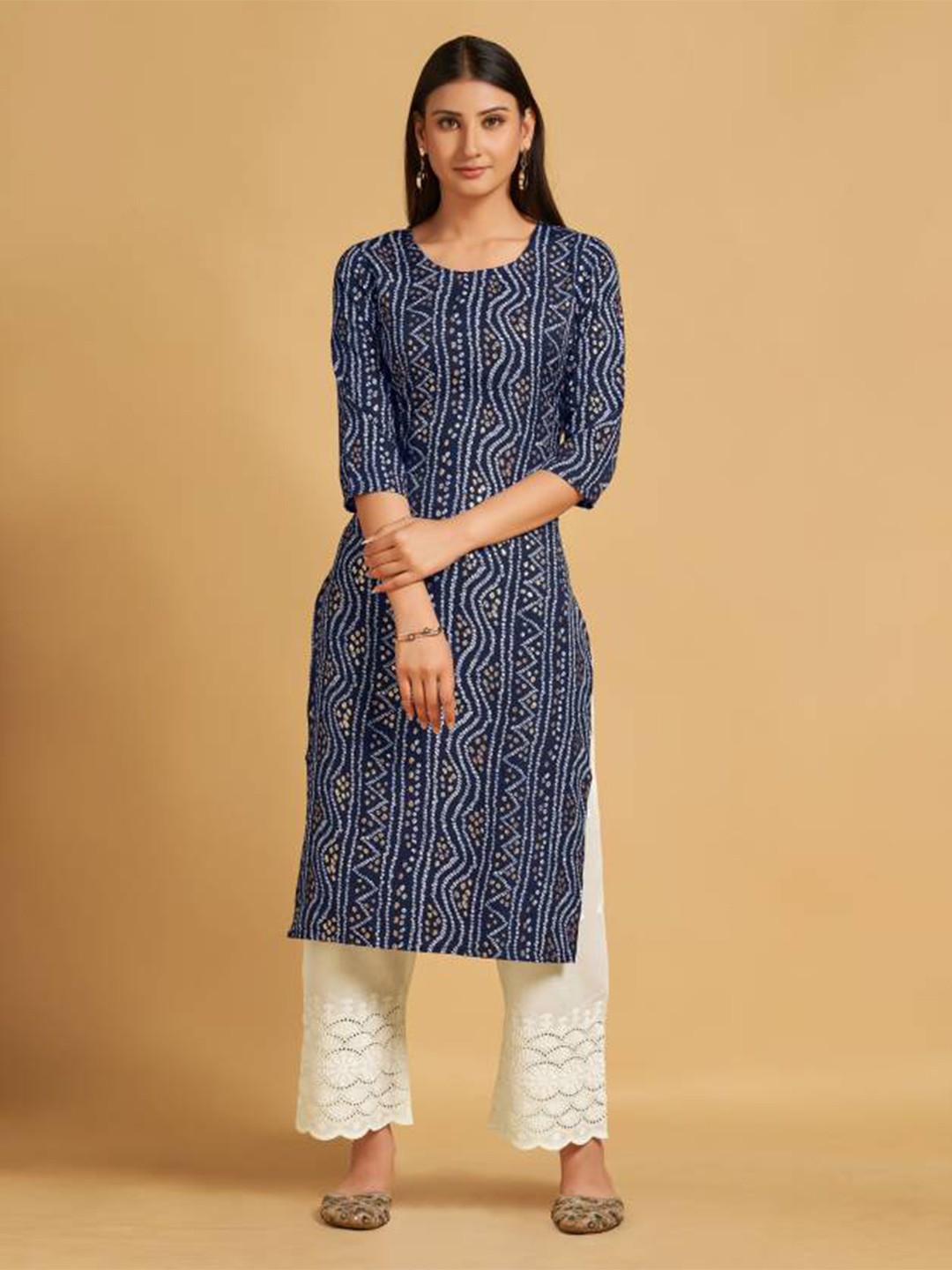 

AWRIYA Bandhani Printed Straight Kurta, Navy blue