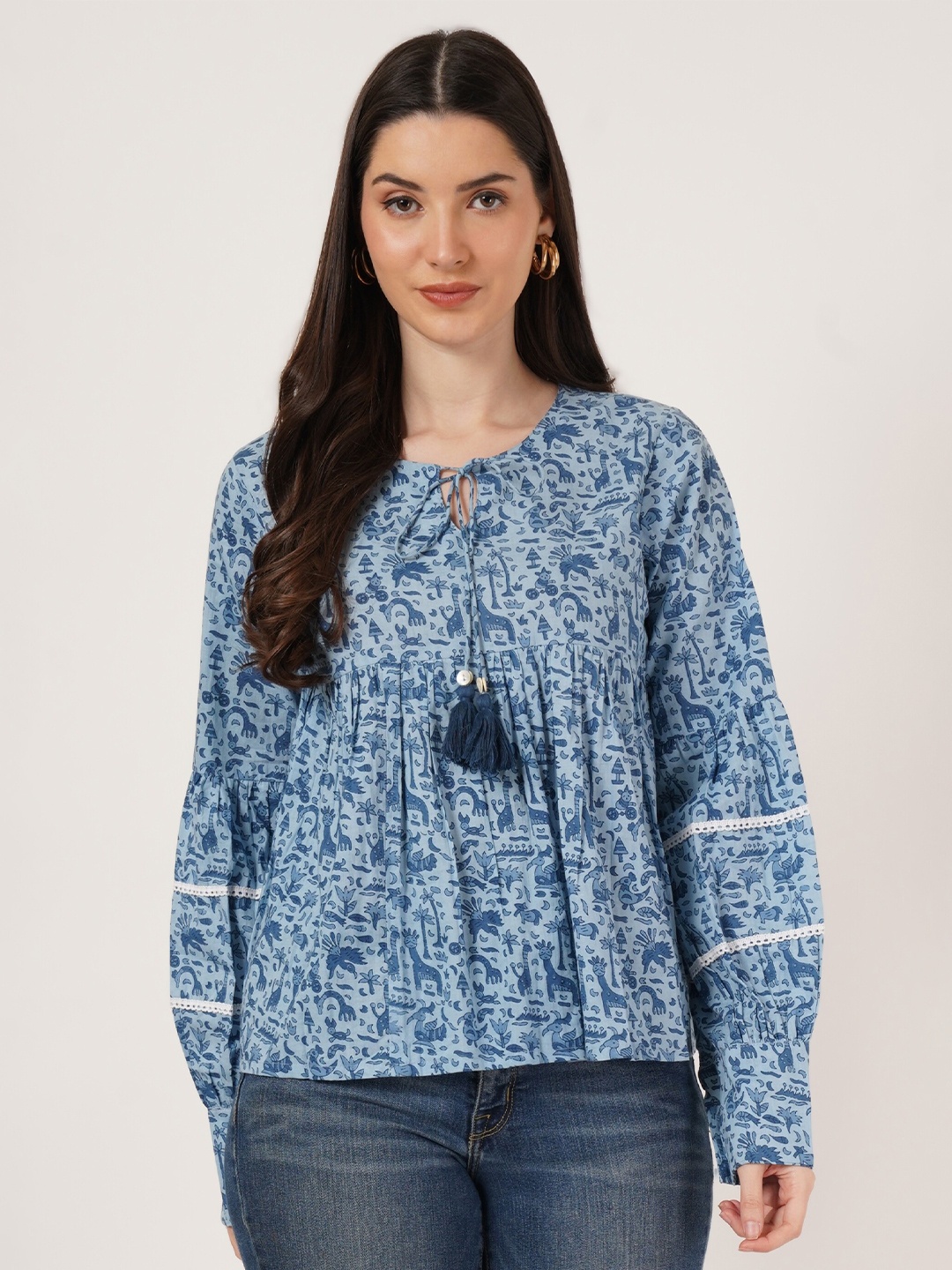

COTLAND FASHION Printed Tie-Up Neck Cotton Top, Blue