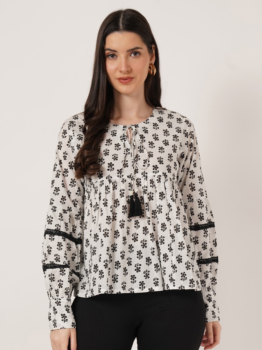 

COTLAND FASHION Floral Printed Tie-Up Neck Long Sleeves Cotton Top, White