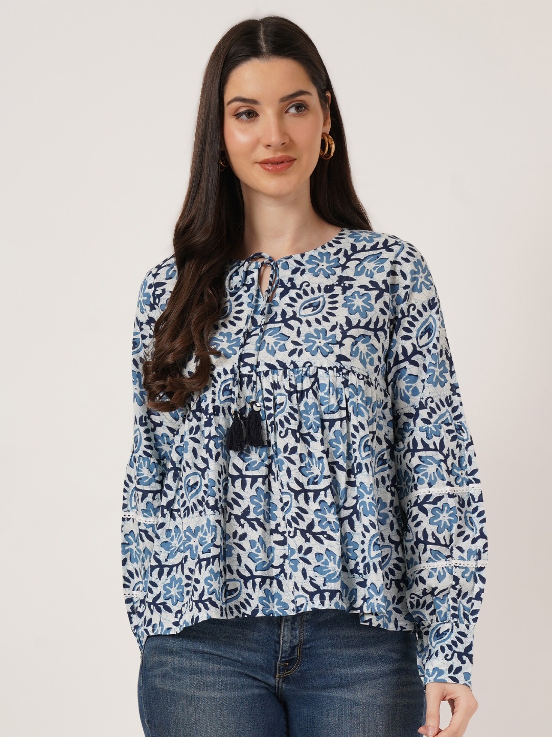 

COTLAND FASHION Floral Printed Tie-Up Neck Cotton Top, Blue