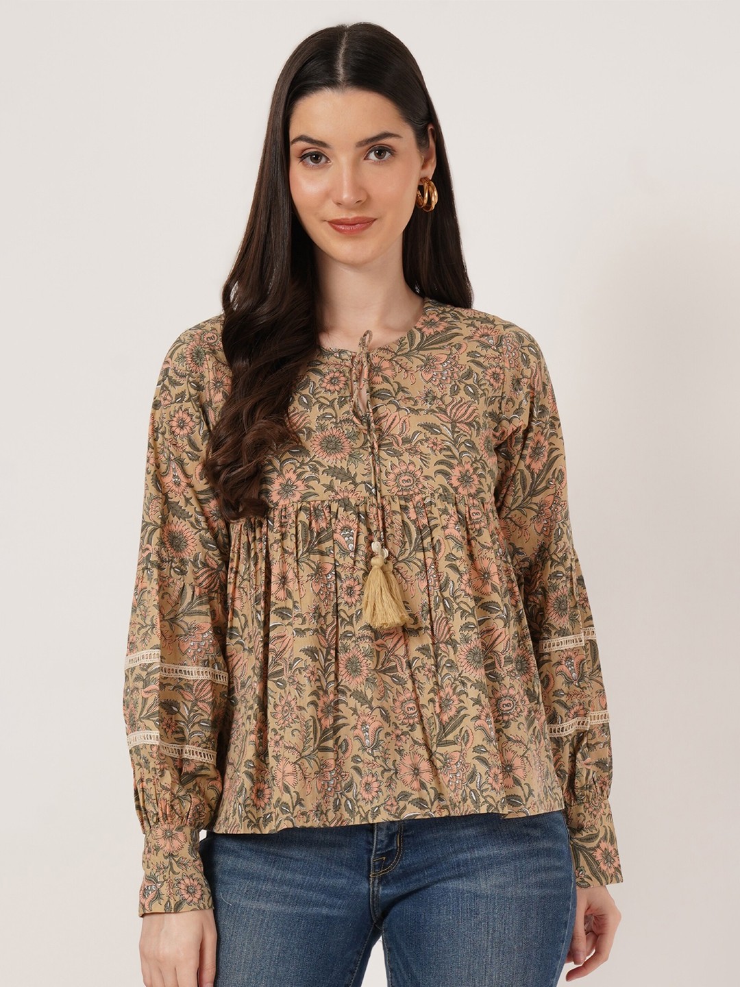 

COTLAND FASHION Floral Printed Tie-Up Neck Long Sleeves Cotton Top, Beige