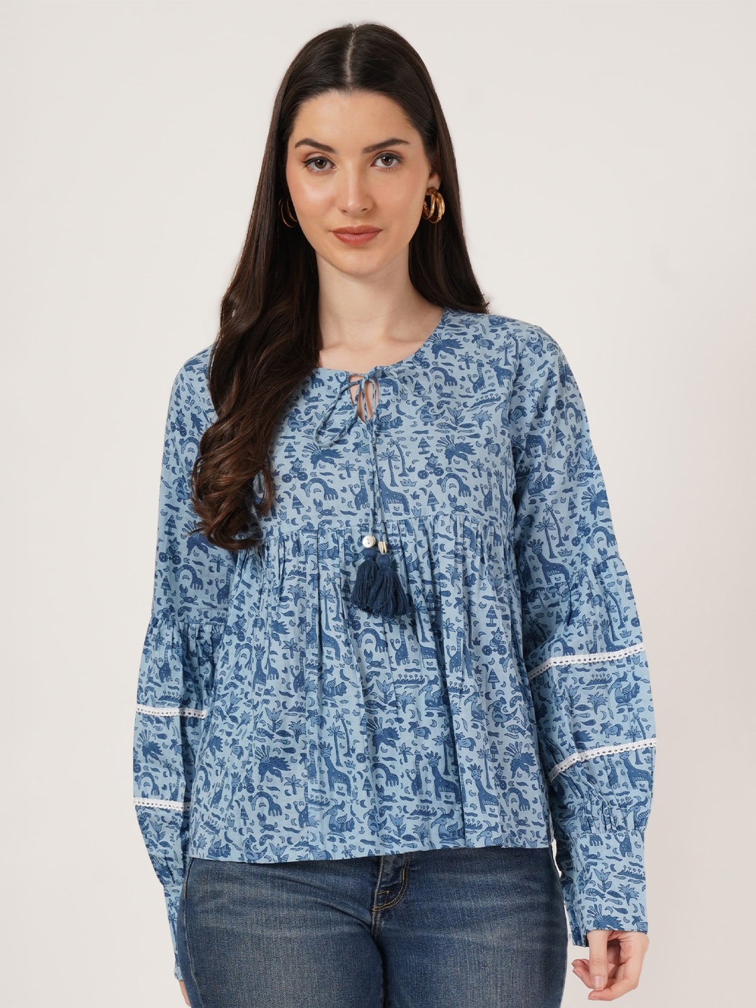 

COTLAND FASHION Floral Printed Tie-Up Neck Long Sleeves Cotton Top, Blue