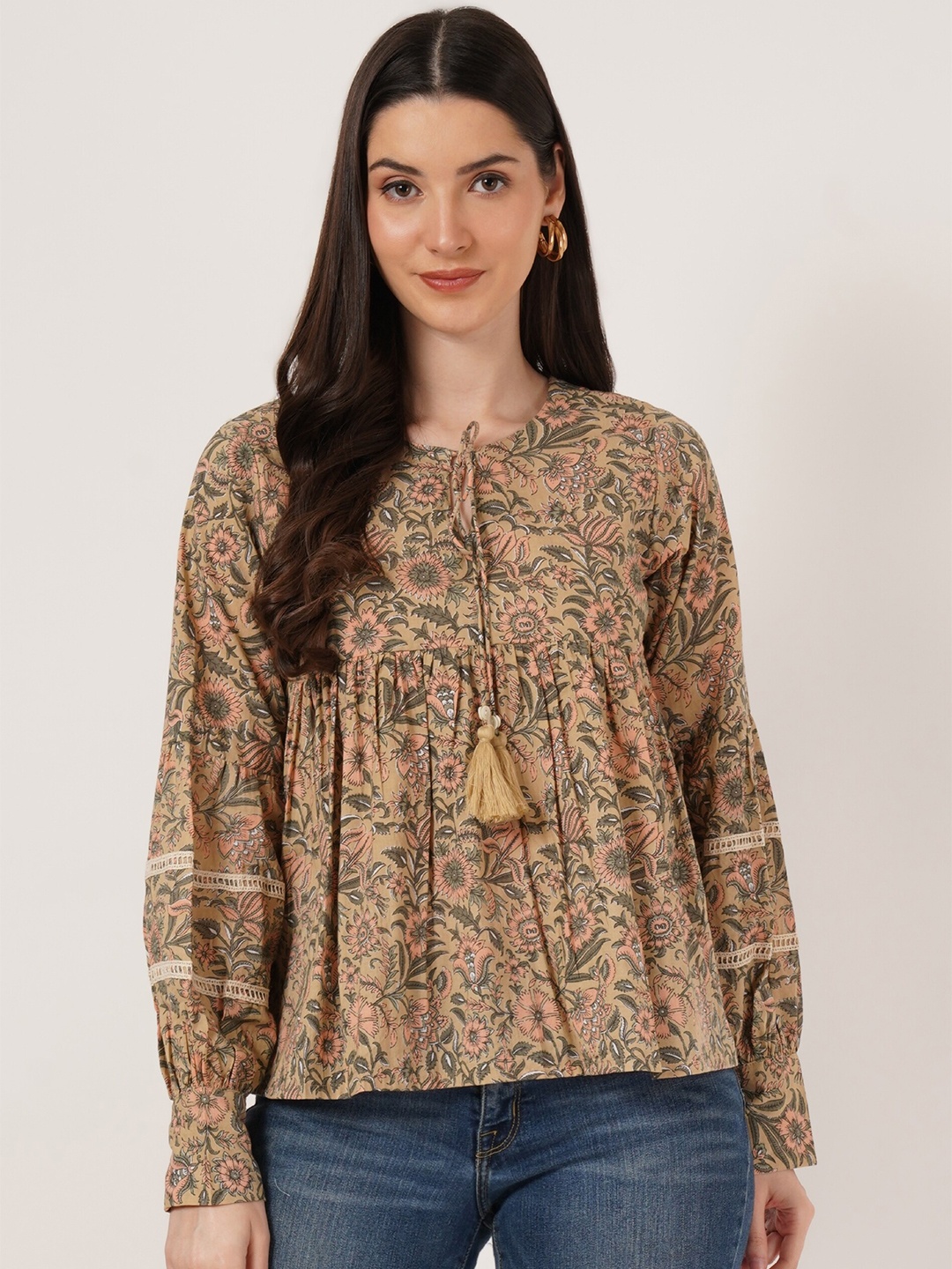 

COTLAND FASHION Printed Tie-Up Neck Cotton Empire Top, Beige
