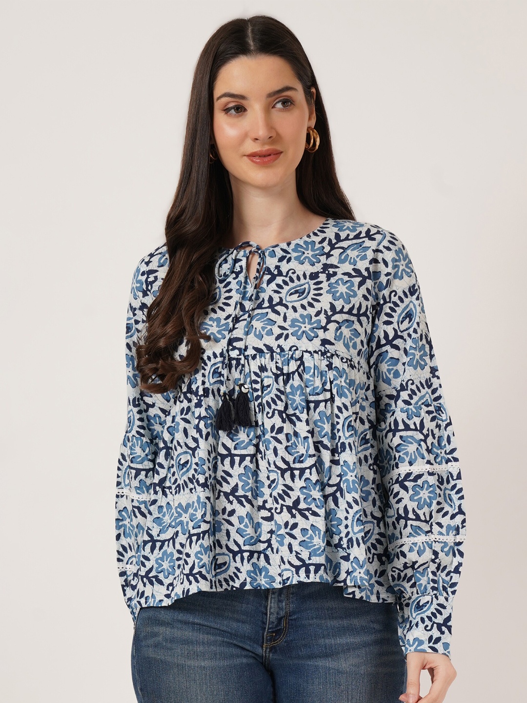 

COTLAND FASHION Floral Printed Tie-Up Neck Cotton Top, Blue