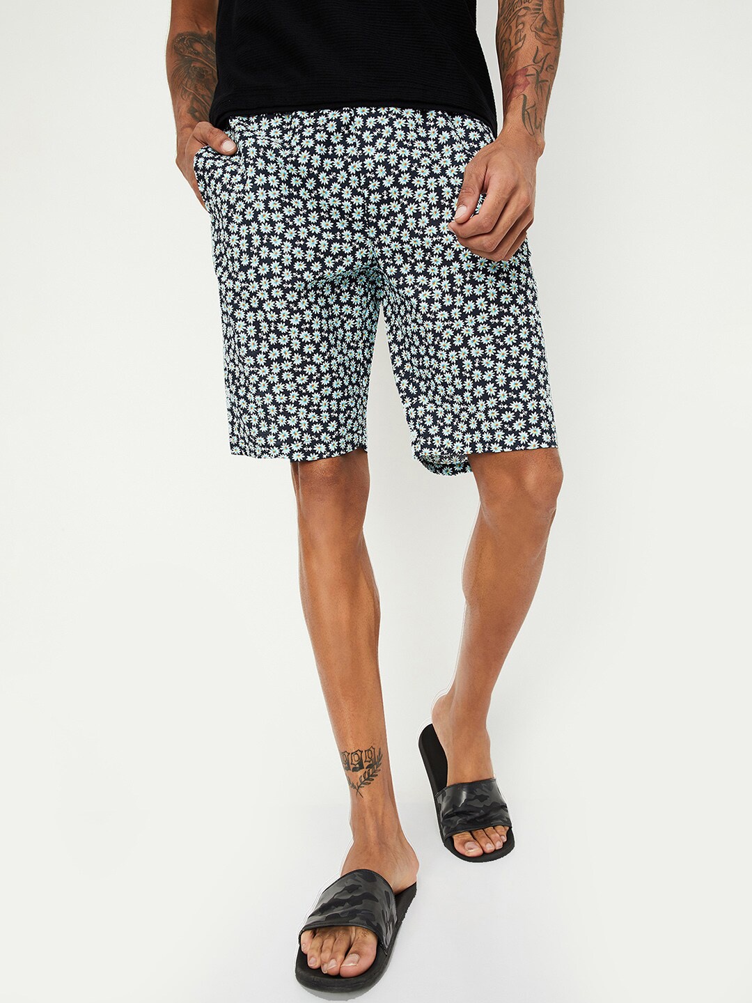 

max Men High Rise Printed Pure Cotton Lounge Shorts, Navy blue