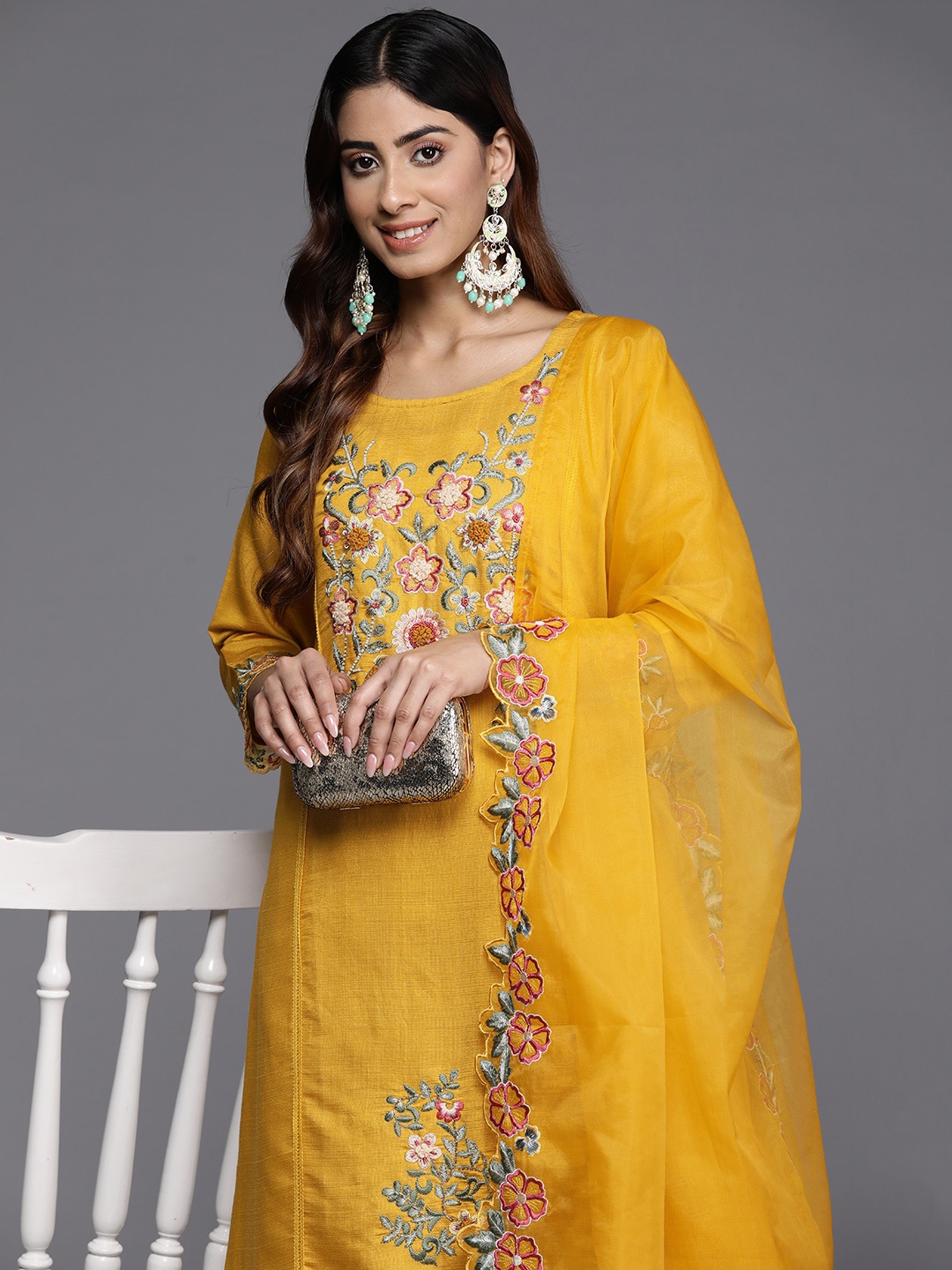 

Varanga Floral Embroidered Thread Work Pure Silk Kurta with Trousers & Dupatta, Mustard