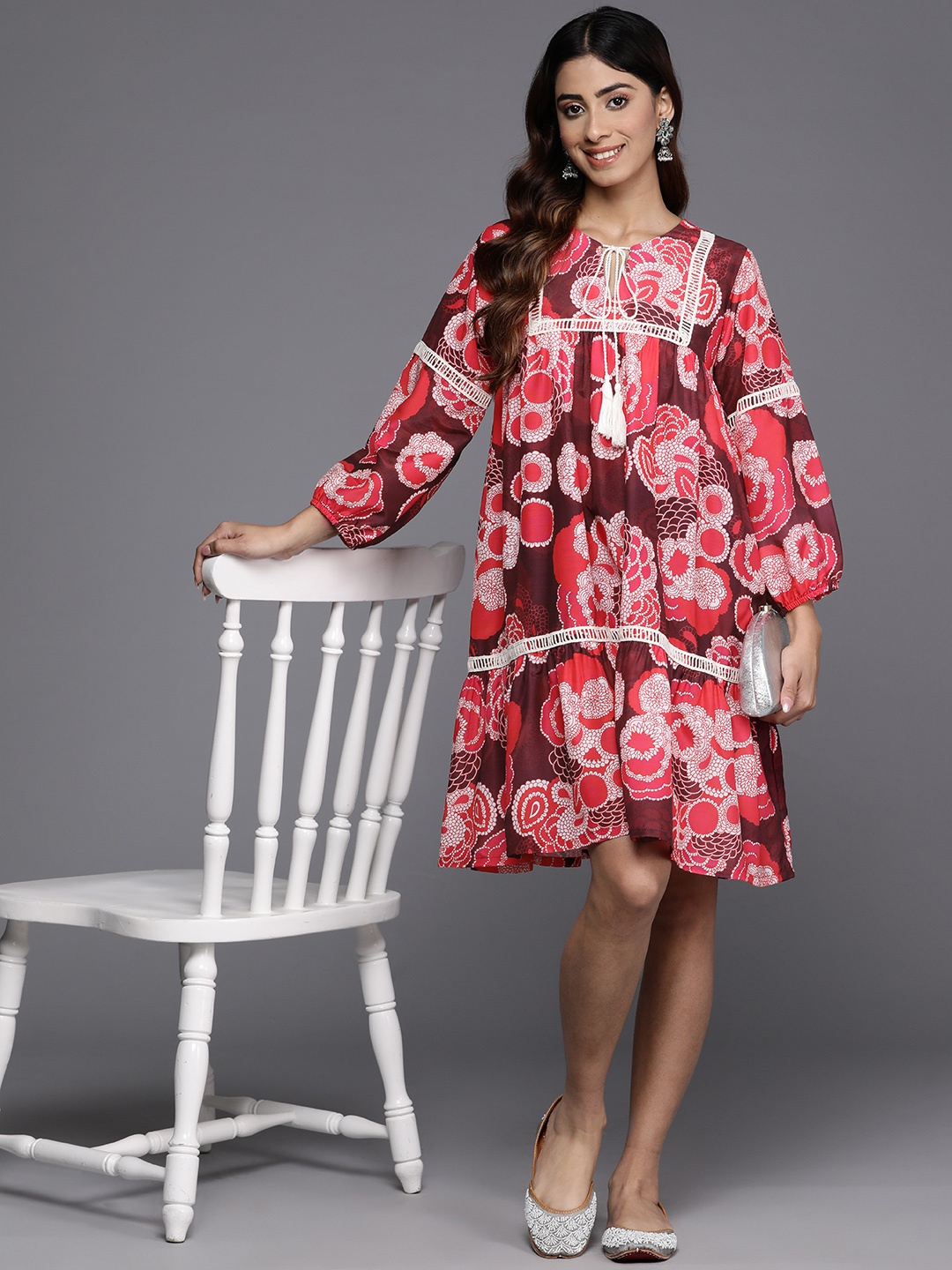 

Varanga Floral Print Puff Sleeve A-Line Dress, Maroon