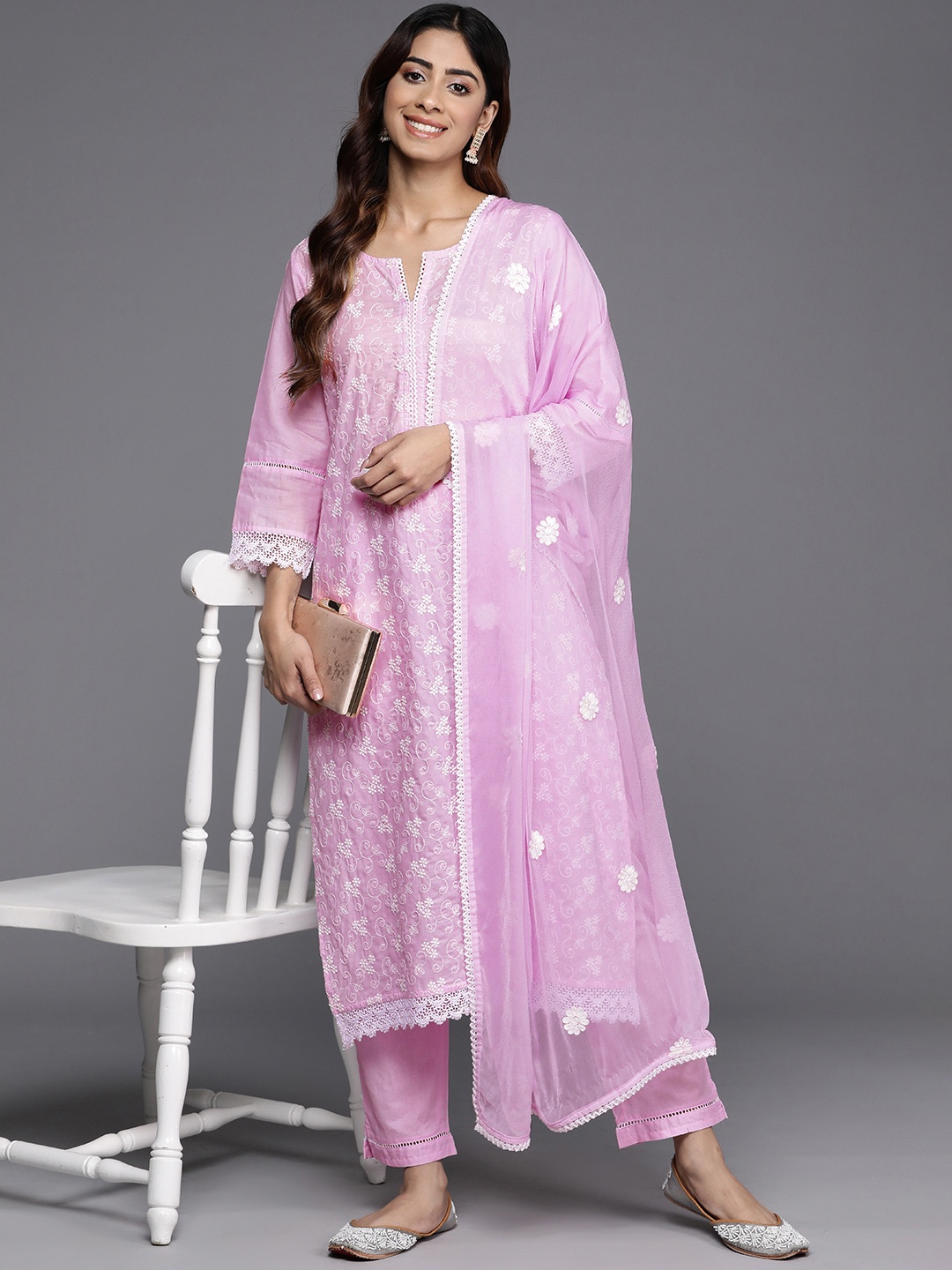 

Varanga Floral Embroidered Thread Work Pure Cotton Kurta with Trousers & Dupatta, Lavender