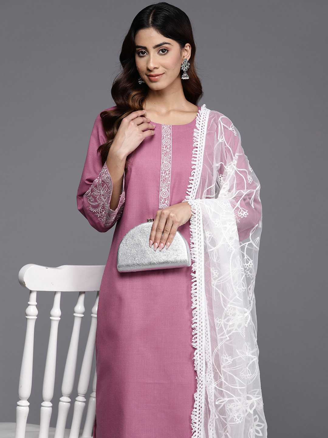 

Varanga Women Floral Yoke Design Regular Thread Work Kurta with Trousers & With Dupatta, Mauve