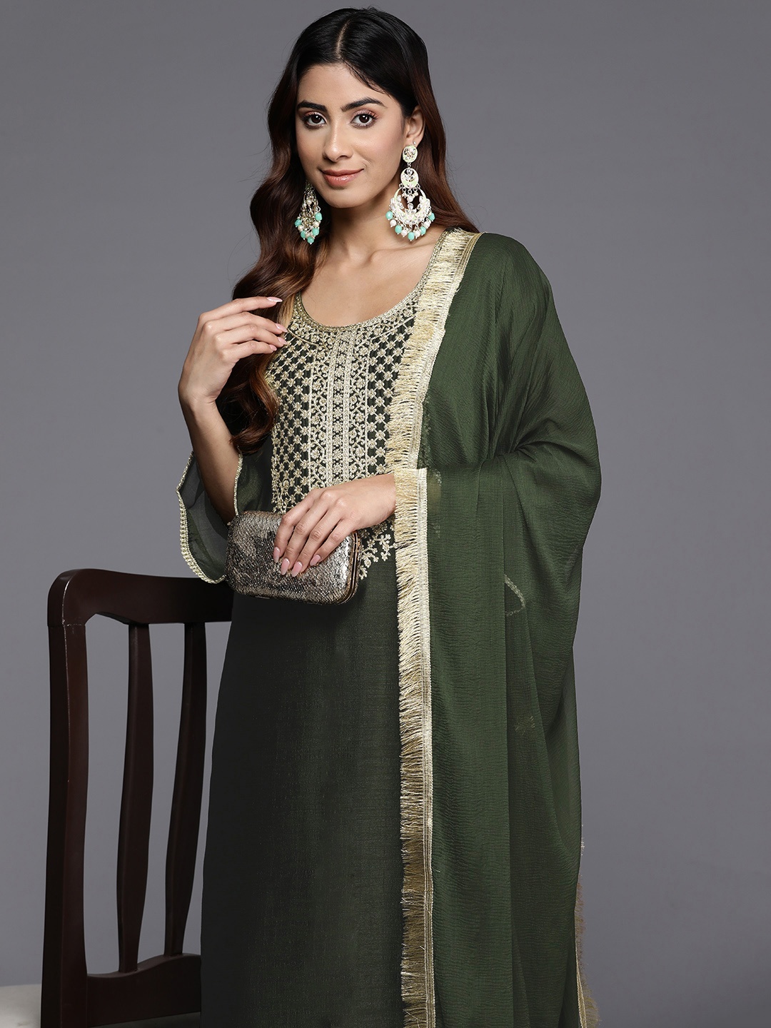 

Varanga Ethnic Motifs Yoke Design Kurta with Palazzos & Dupatta, Olive