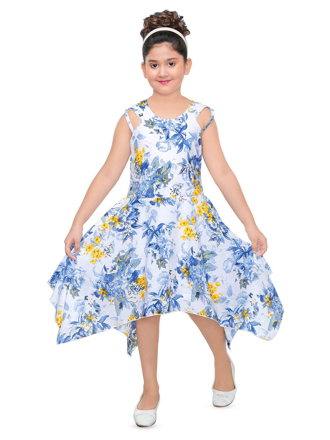 

BAESD Girls Floral Print Round Neck Sleeveless Fit & Flare Dress, White