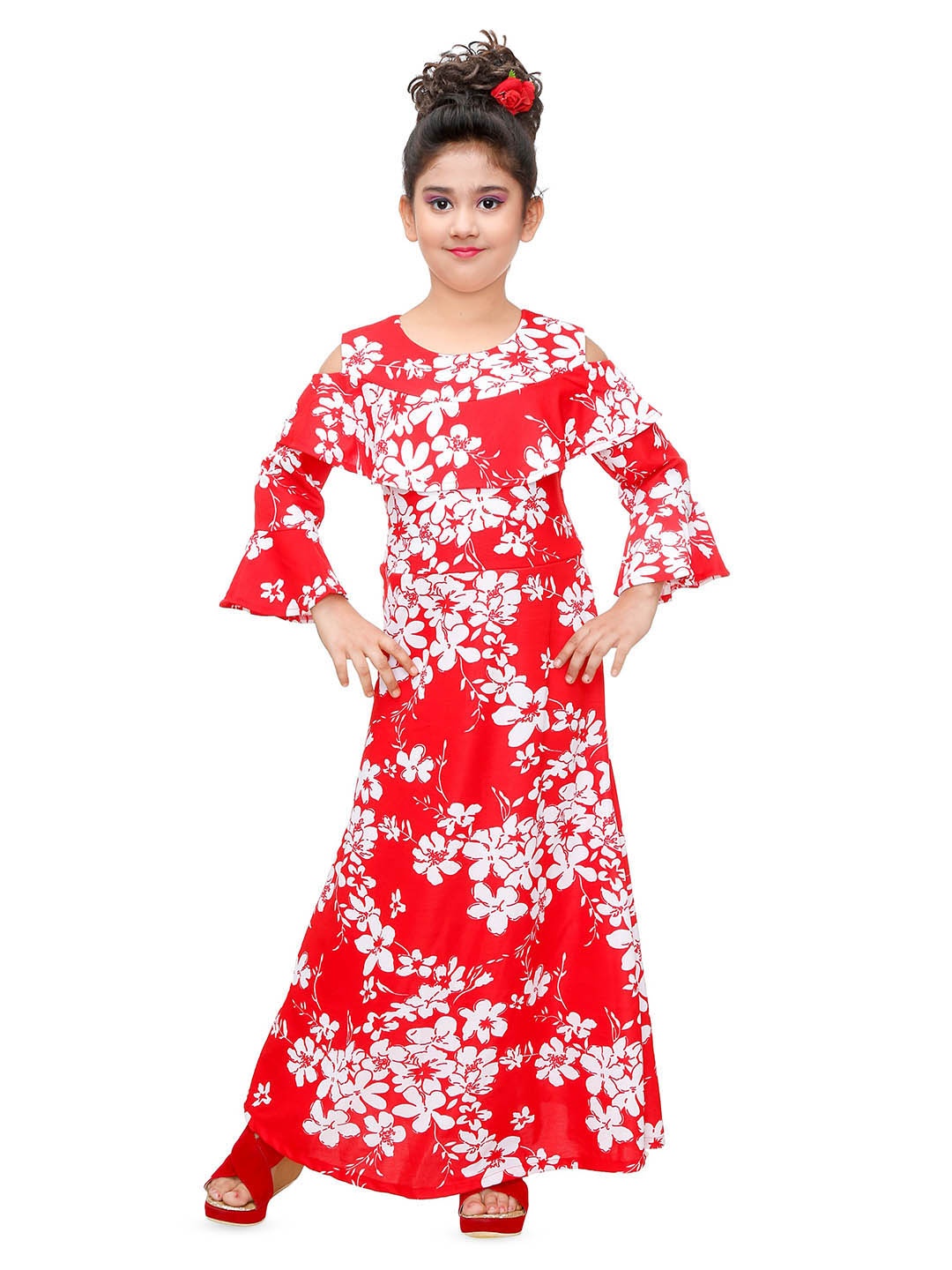 

BAESD Girls Floral Print Round Neck Bell Sleeves Maxi Dress, Red