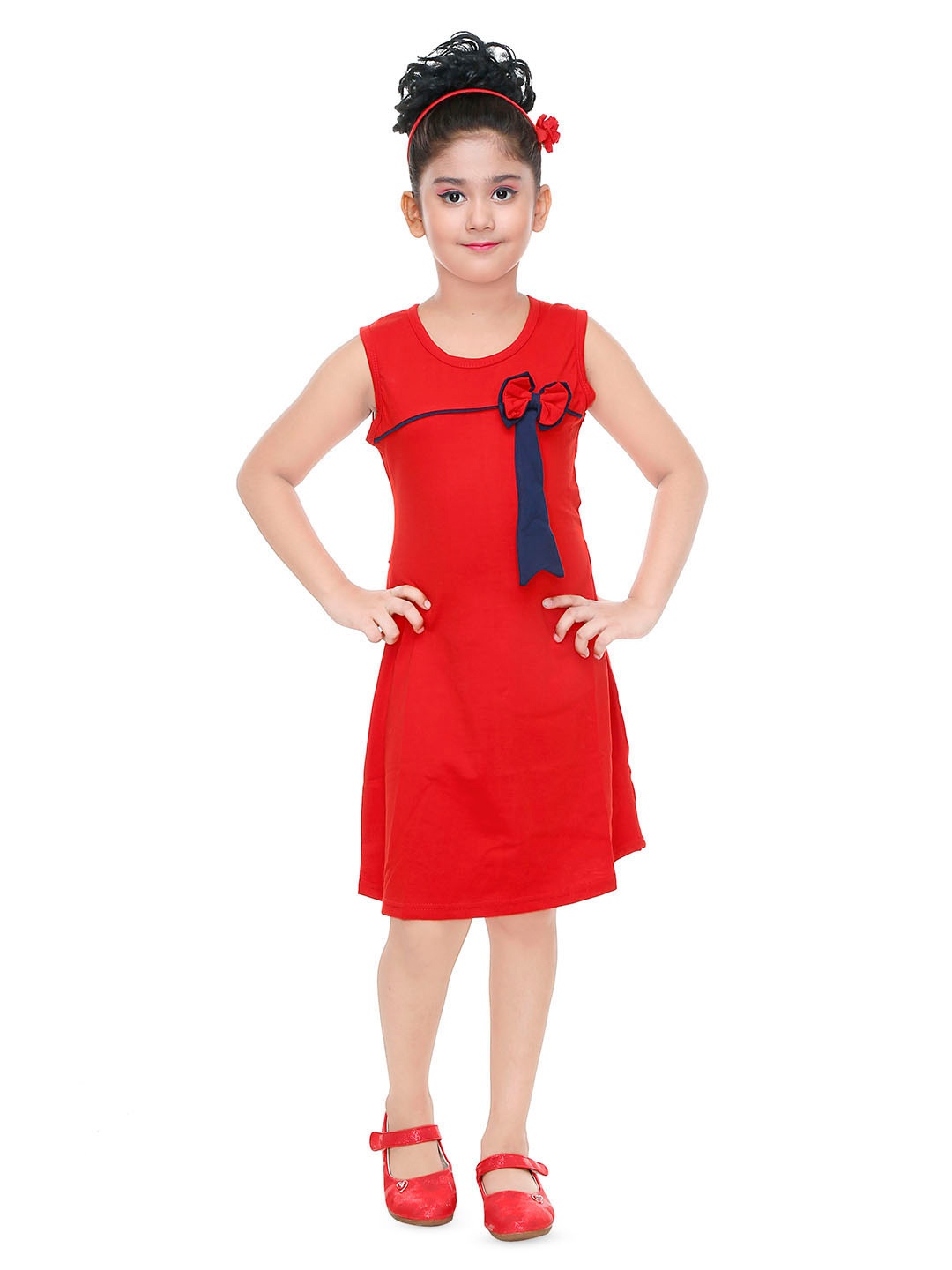 

BAESD Girls Embellished Round Neck Sleeveless Cotton A-Line Dress, Red