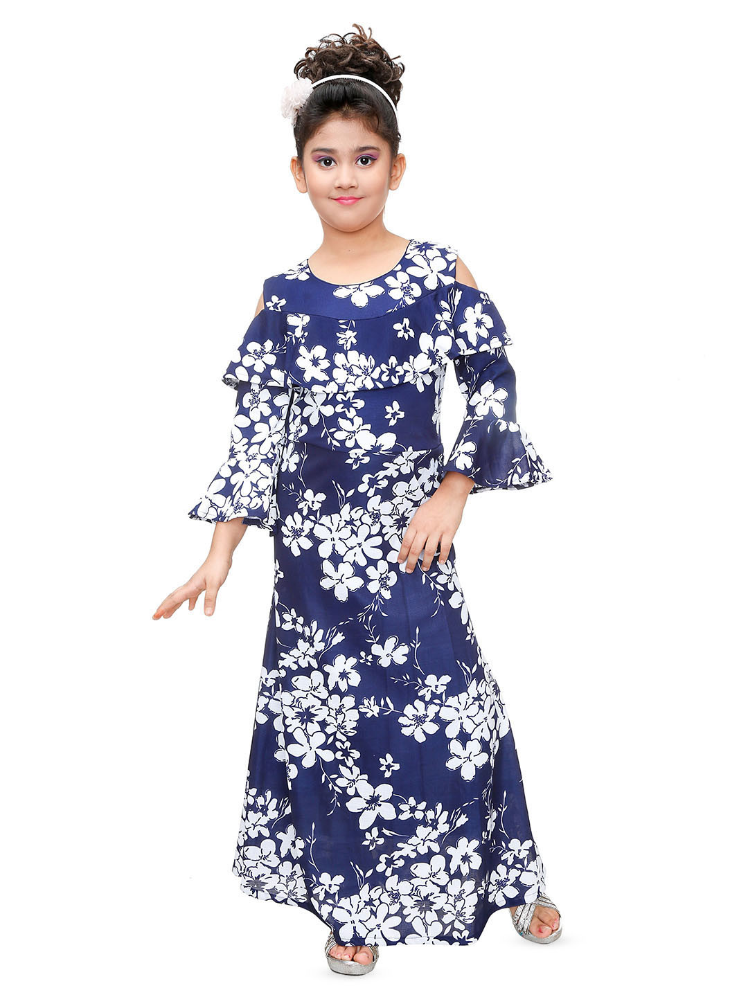 

BAESD Girls Floral Print Round Neck Bell Sleeves Maxi Dress, Navy blue