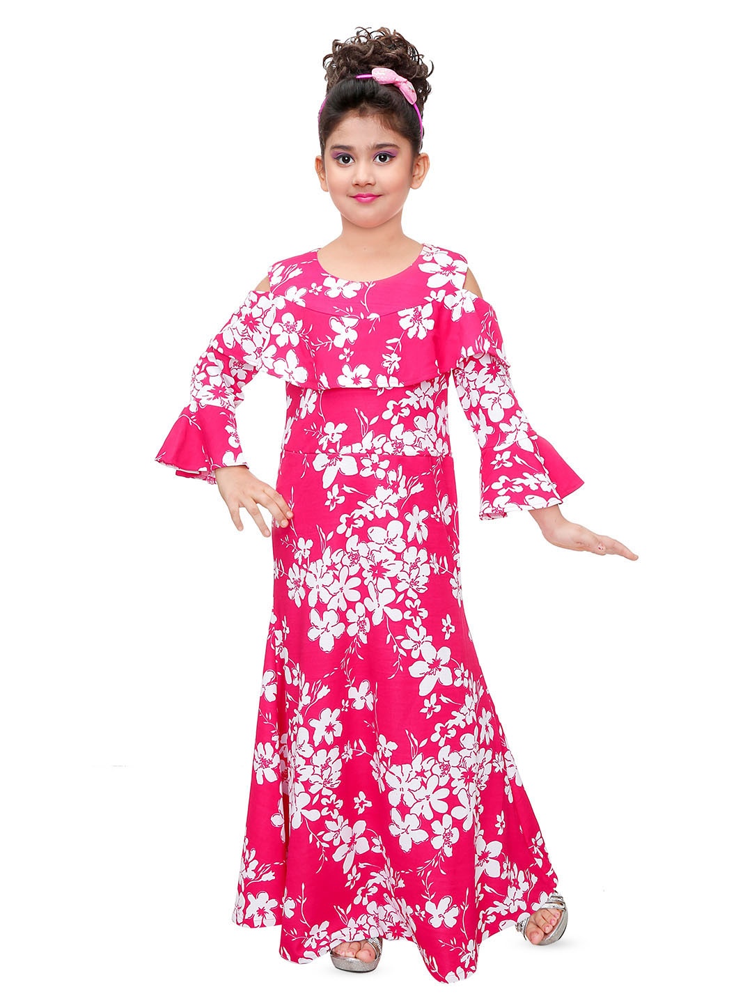 

BAESD Girls Floral Print Round Neck Bell Sleeves Maxi Dress, Pink