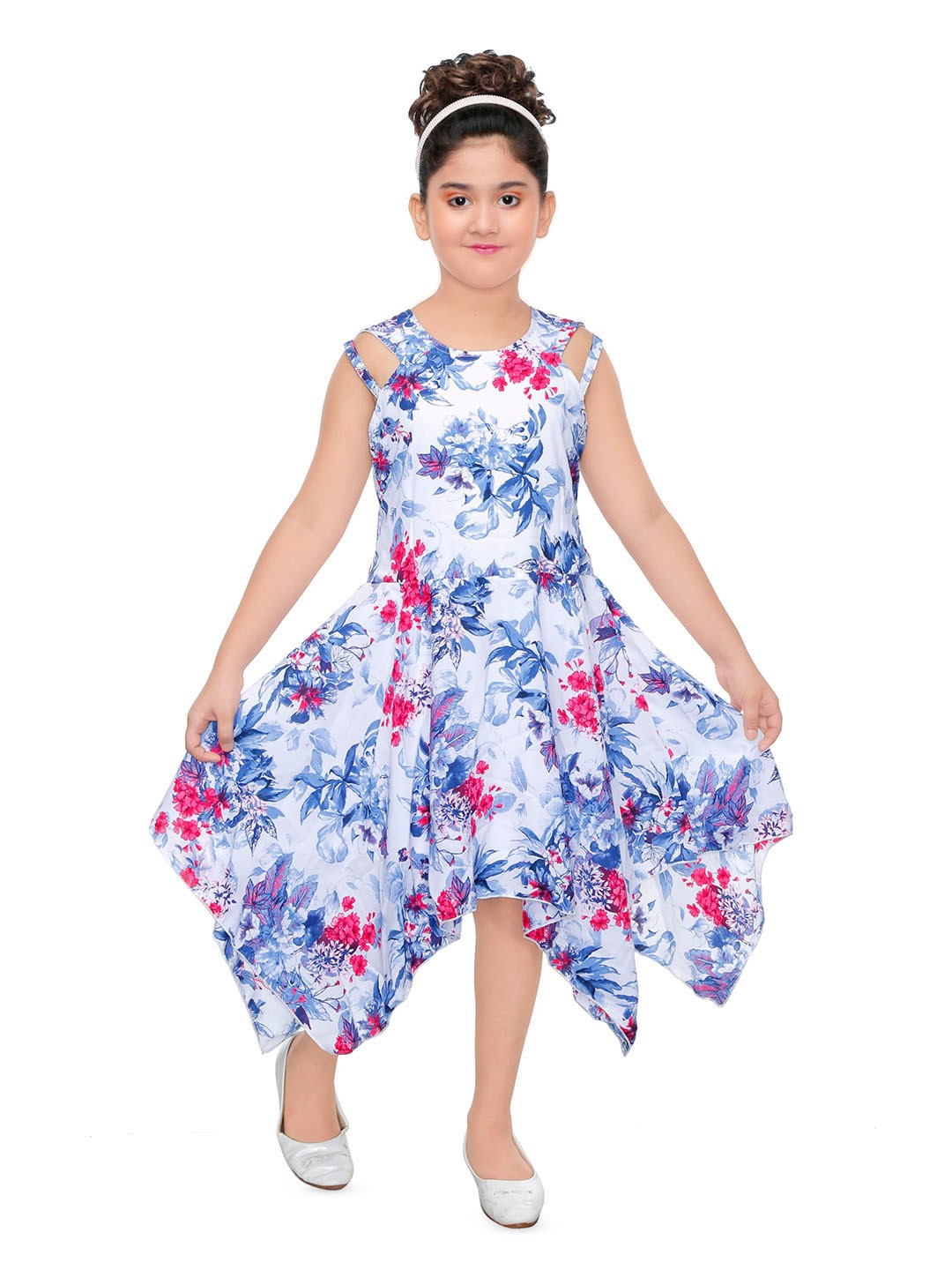 

BAESD Girls Floral Print Round Neck Sleeveless Fit & Flare Dress, White