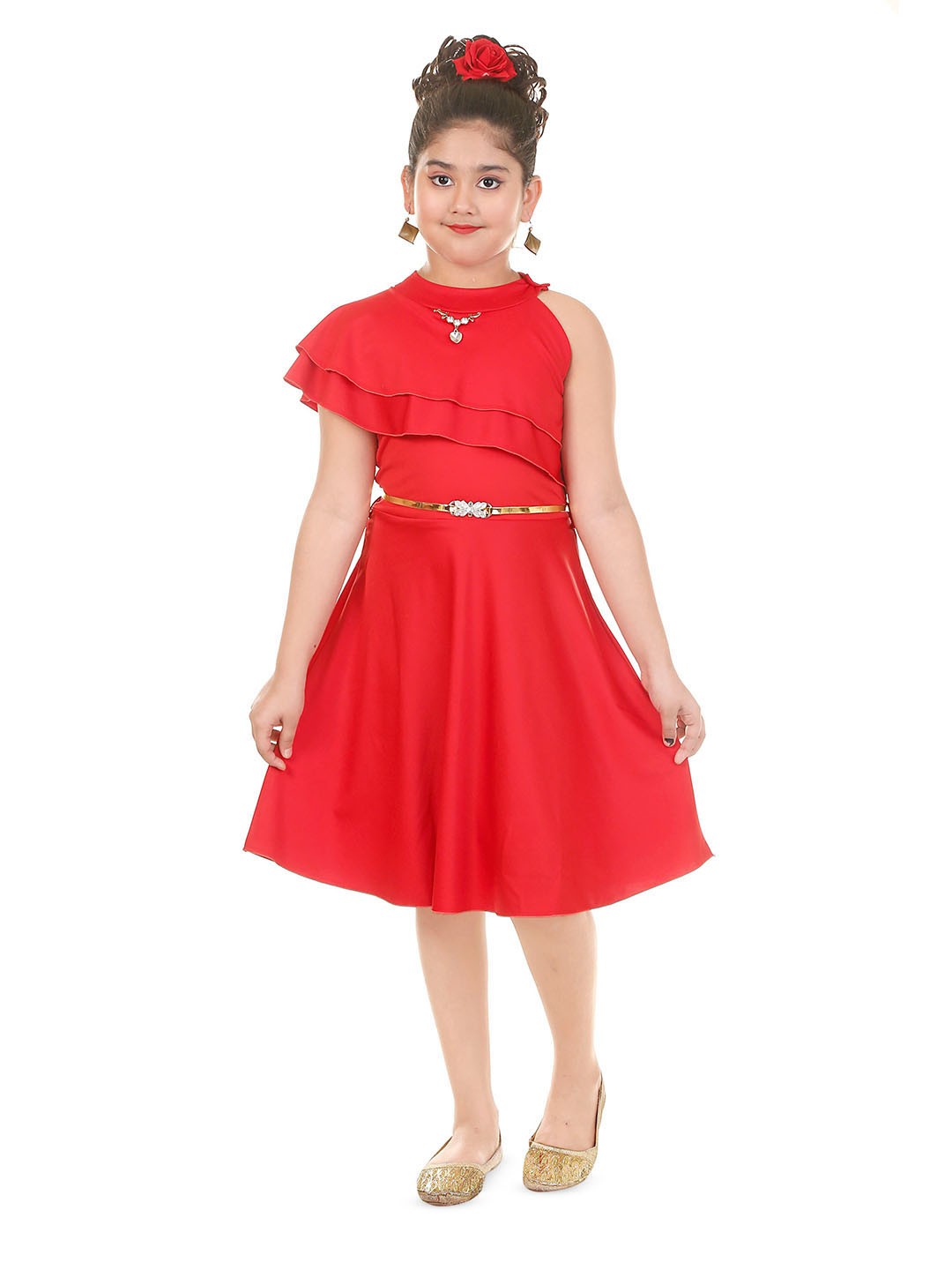 

BAESD Girls One Shoulder Cape Sleeves Fit & Flare Dress, Red