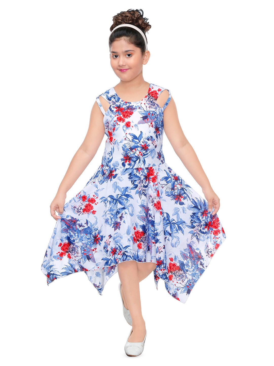 

BAESD Girls Floral Print Round Neck Fit & Flare Dress, White