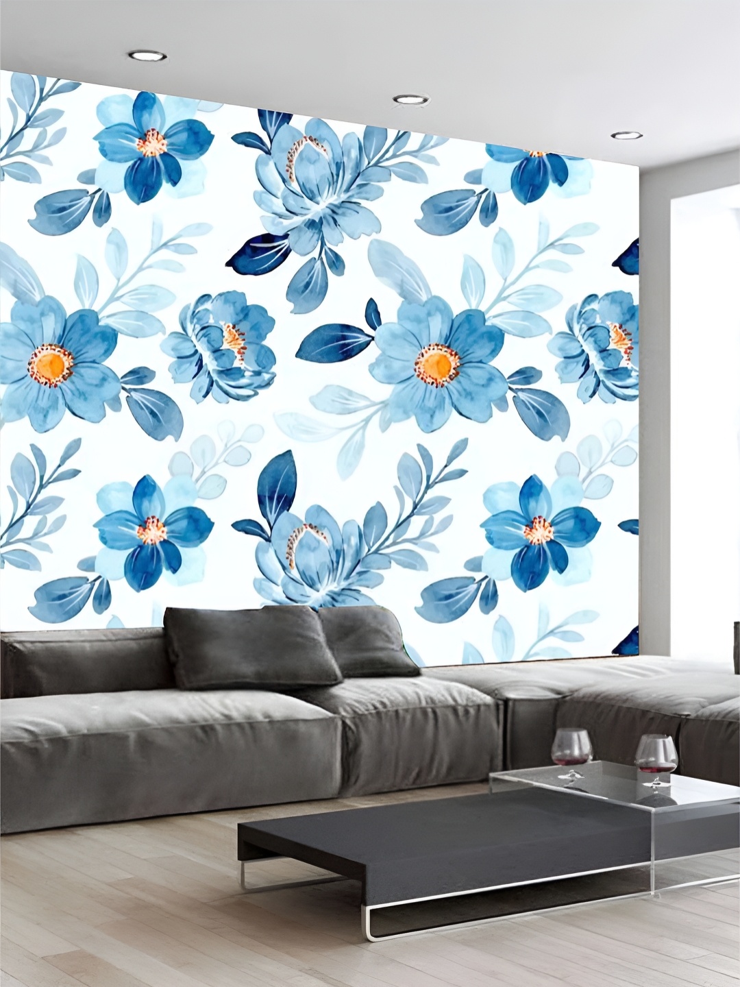 

KSHIRSA White & Blue Floral Printed Self Adhesive Removable Wallpaper