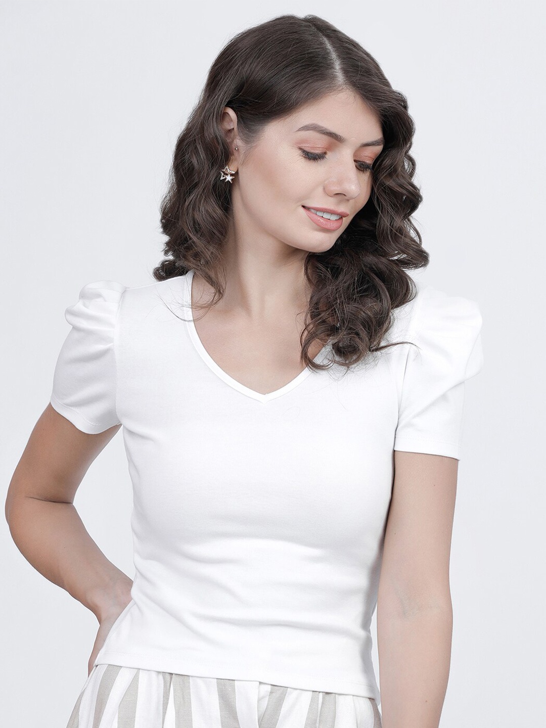

Tokyo Talkies White Puff Sleeves Cotton Top