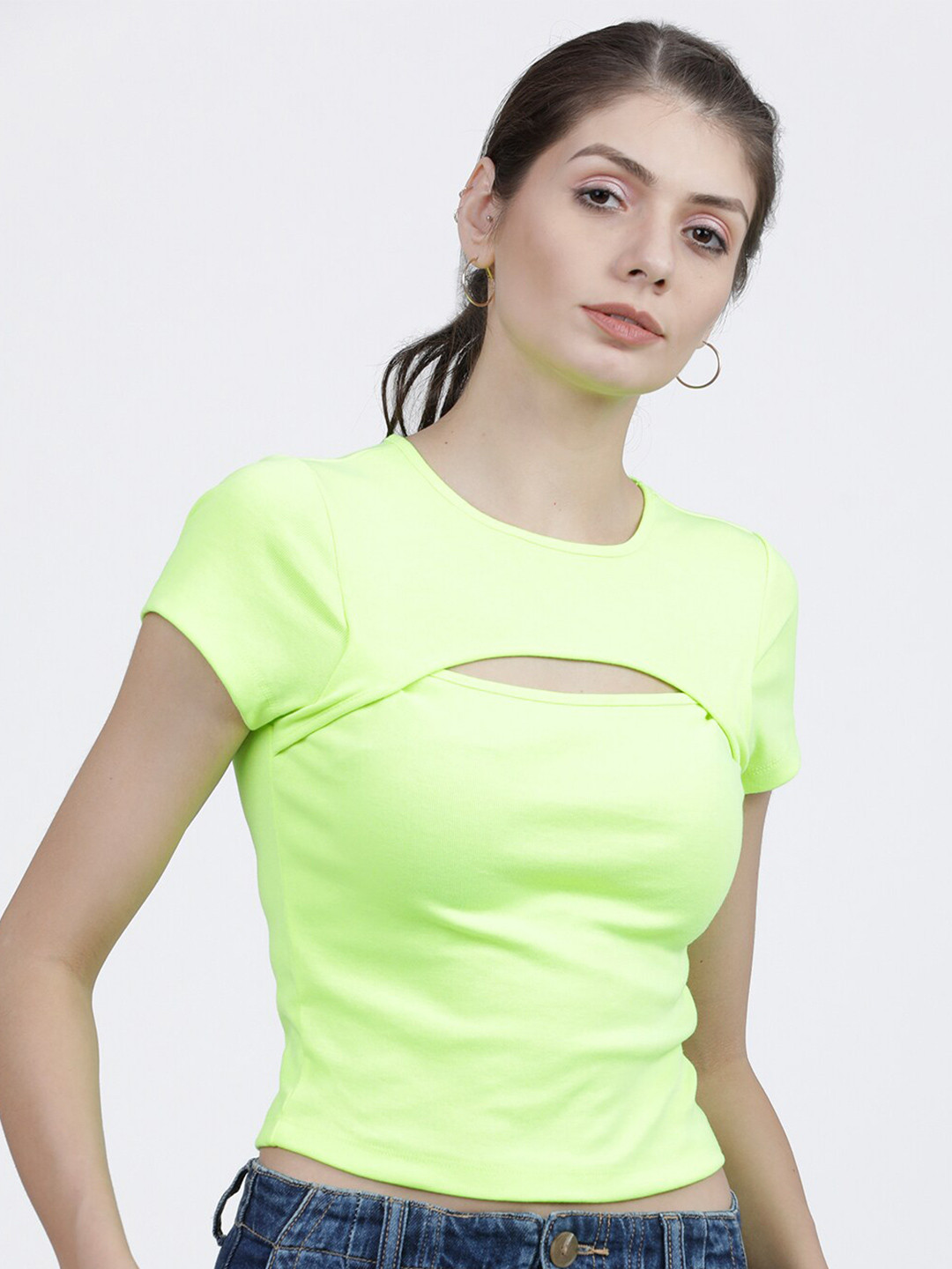 

Tokyo Talkies Green Round Neck Cut Out Cotton Fitted Top