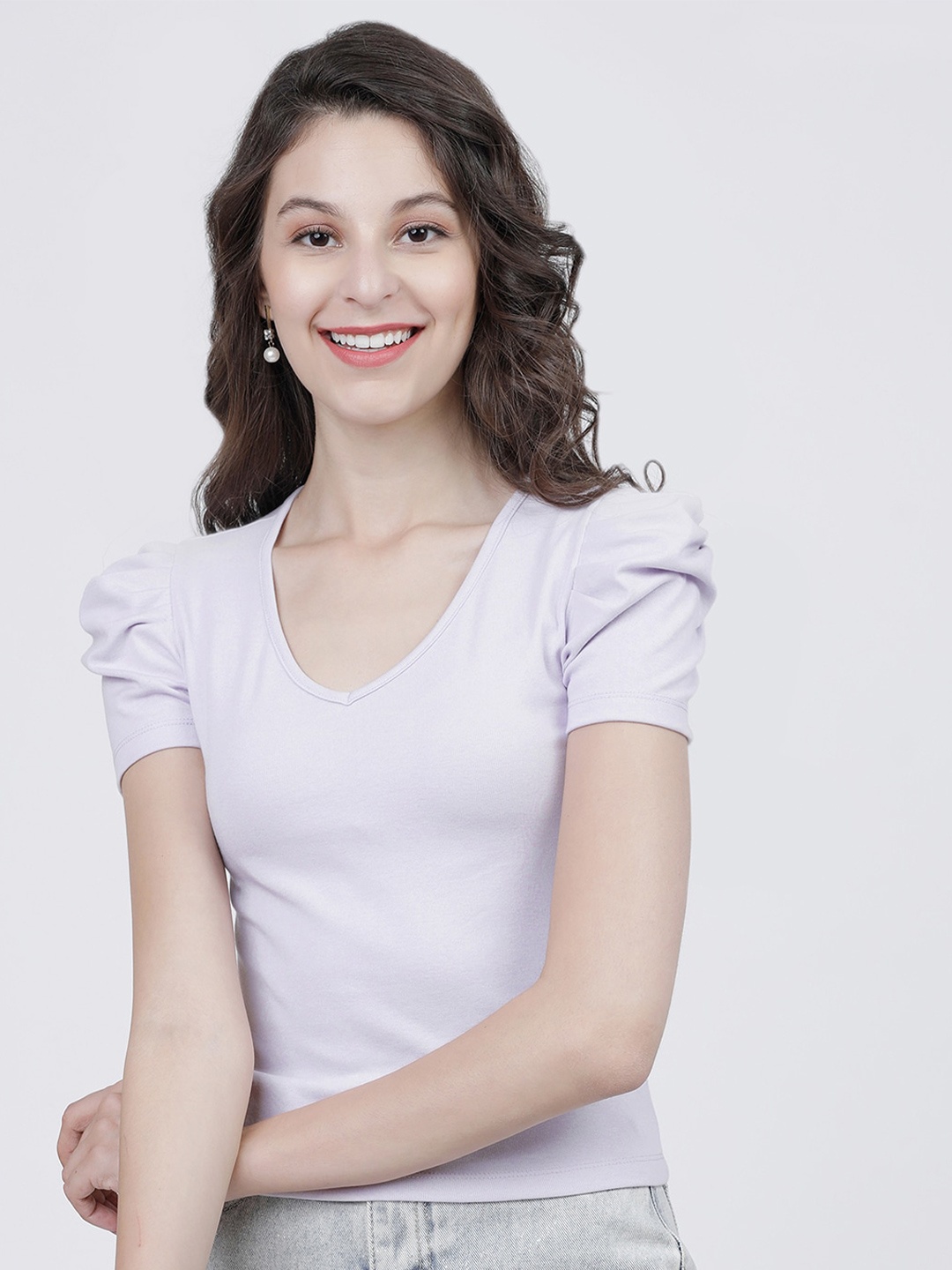 Tokyo Talkies Purple V Neck Puff Sleeves Casual Top