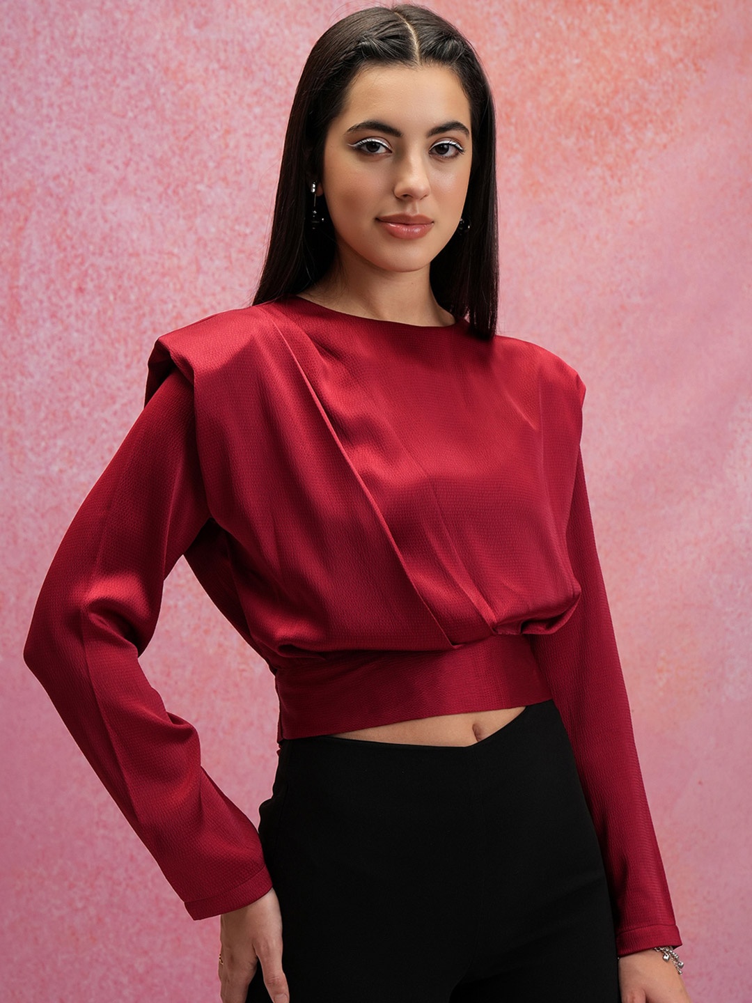 

CHIC BY TOKYO TALKIES Maroon Pleated Tie Up Cropped Top