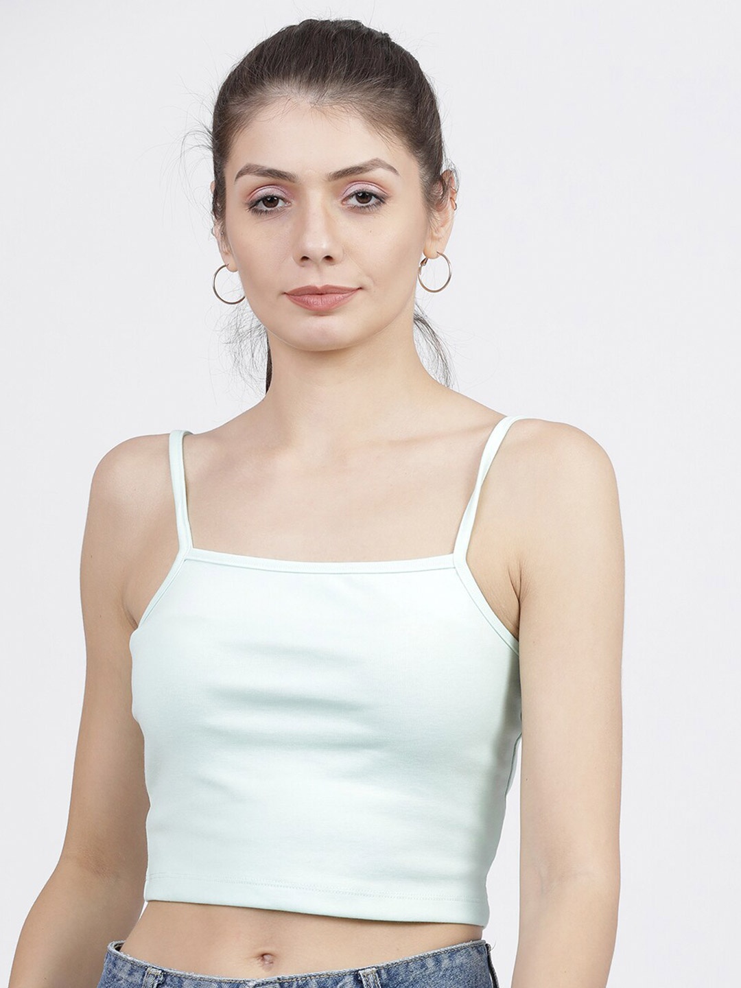 

Tokyo Talkies Shoulder Straps Cotton Crop Top, Green