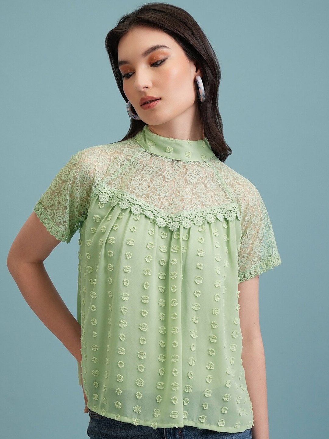 

Tokyo Talkies Green Self Design High Neck Lace Inserts Top