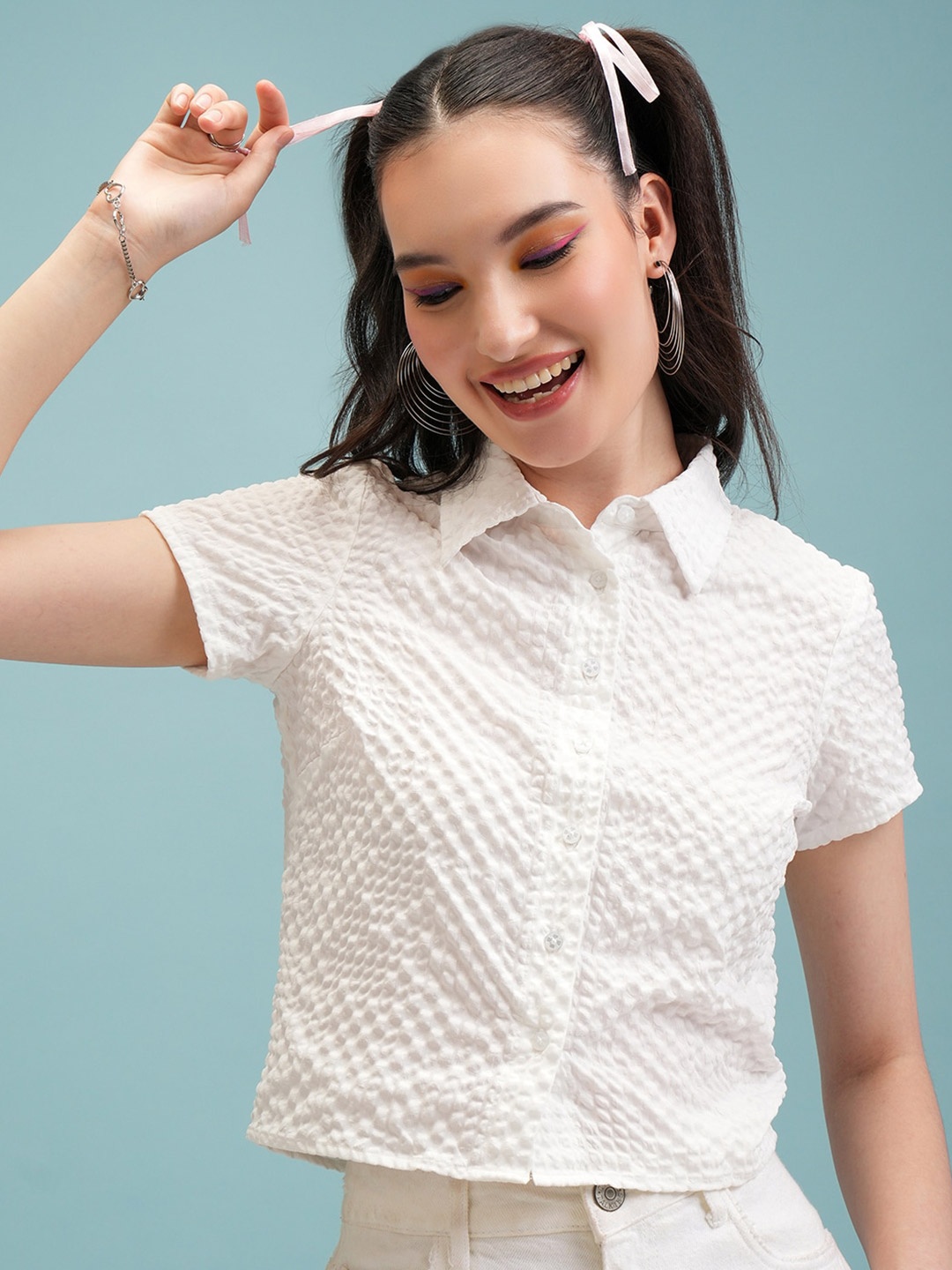 

Tokyo Talkies White Self Design Shirt Style Top