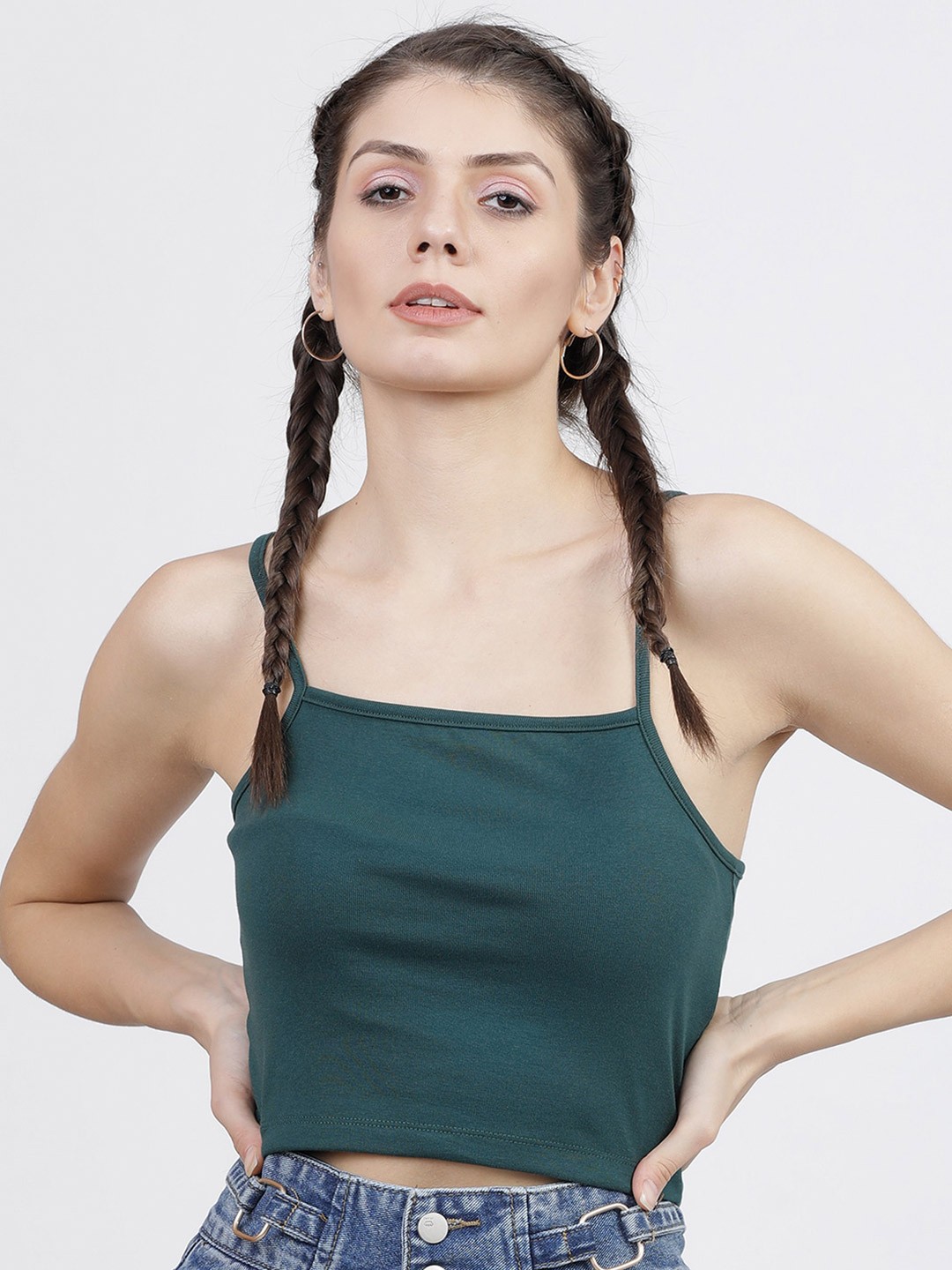 

Tokyo Talkies Shoulder Straps Cotton Crop Top, Green