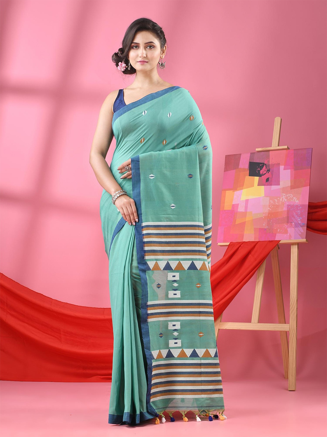 

Angoshobha Ethnic Motifs Woven Design Pure Cotton Saree, Teal