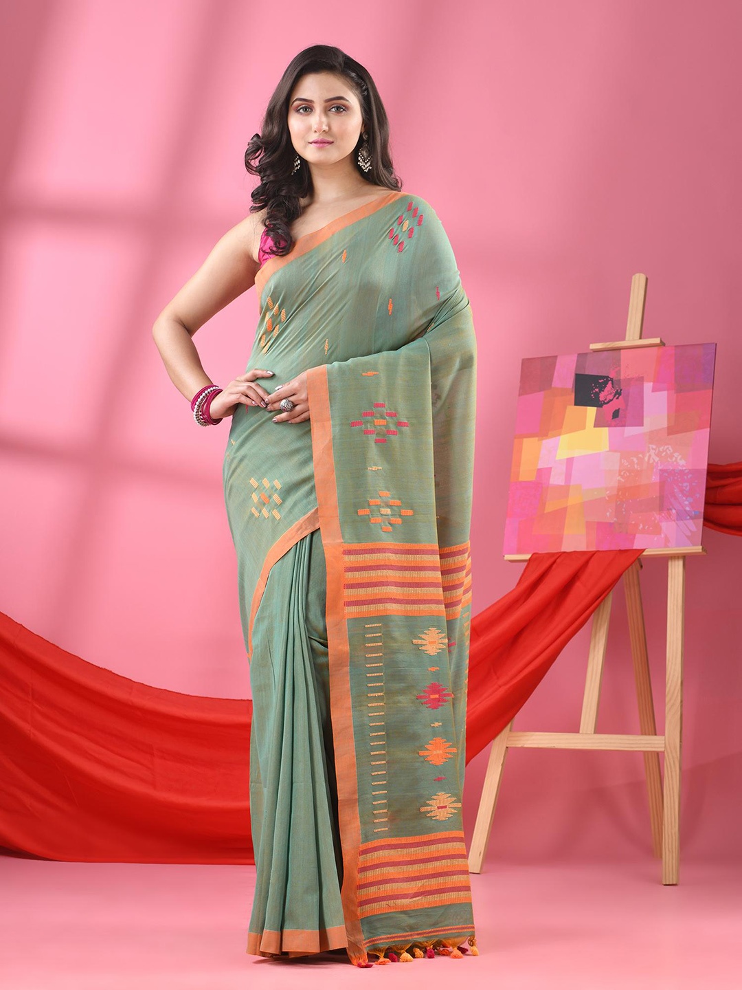 

Angoshobha Geometric Woven Design Zari Pure Cotton Saree, Green