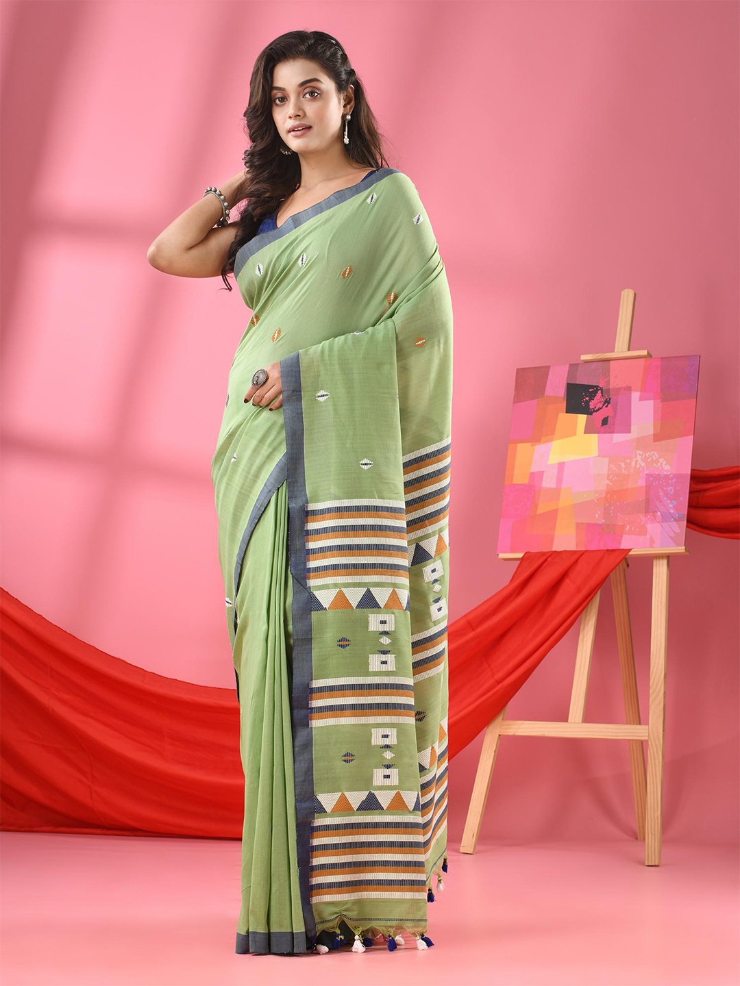 

Angoshobha Ethnic Motifs Woven Design Pure Cotton Saree, Green