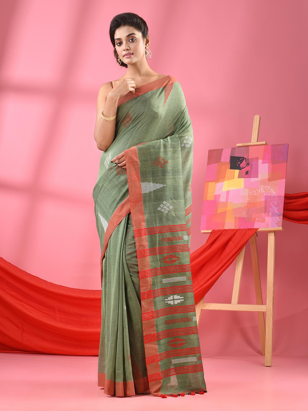 

Angoshobha Geometric Woven Design Pure Cotton Saree, Green