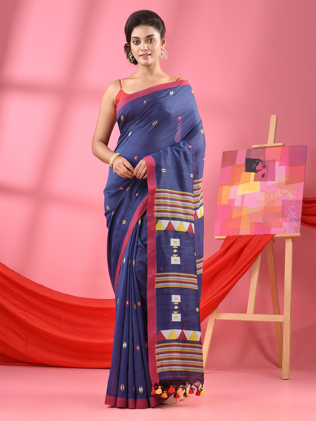

Angoshobha Geometric Woven Design Pure Cotton Saree, Blue