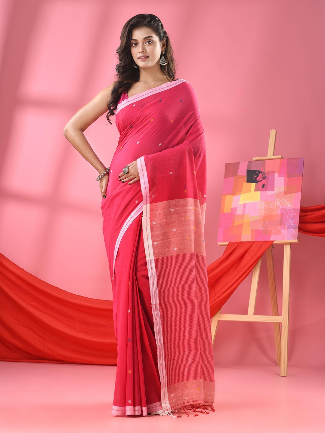 

Angoshobha Geometric Woven Design Pure Cotton Saree, Pink