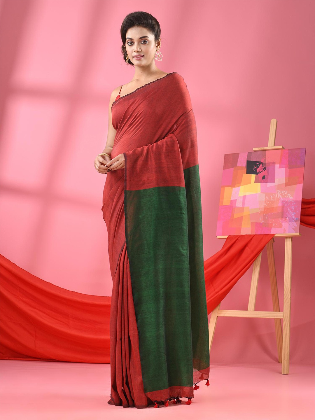 

Angoshobha Colourblocked Woven Design Pure Cotton Saree, Red