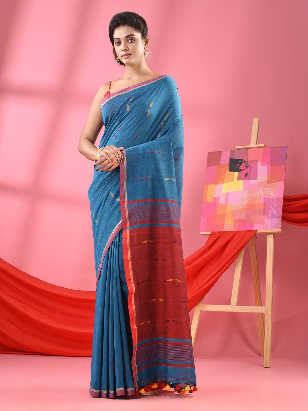 

Angoshobha Woven Design Pure Cotton Saree, Turquoise blue