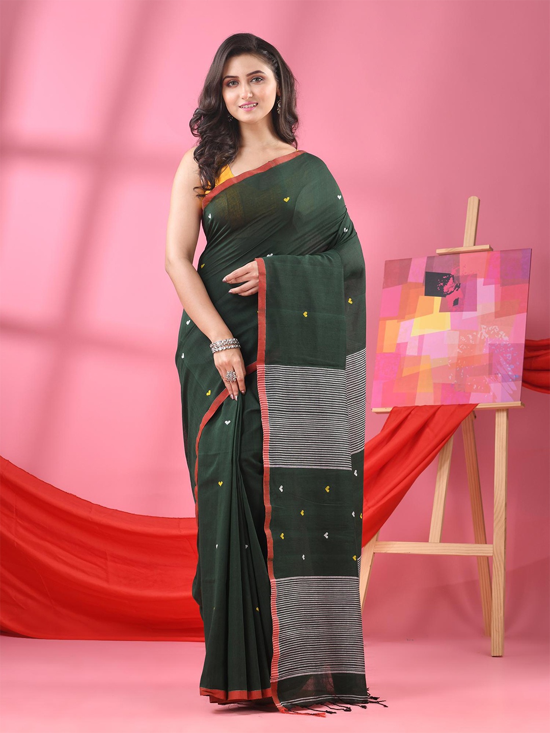 

Angoshobha Geometric Woven Design Pure Cotton Saree, Green