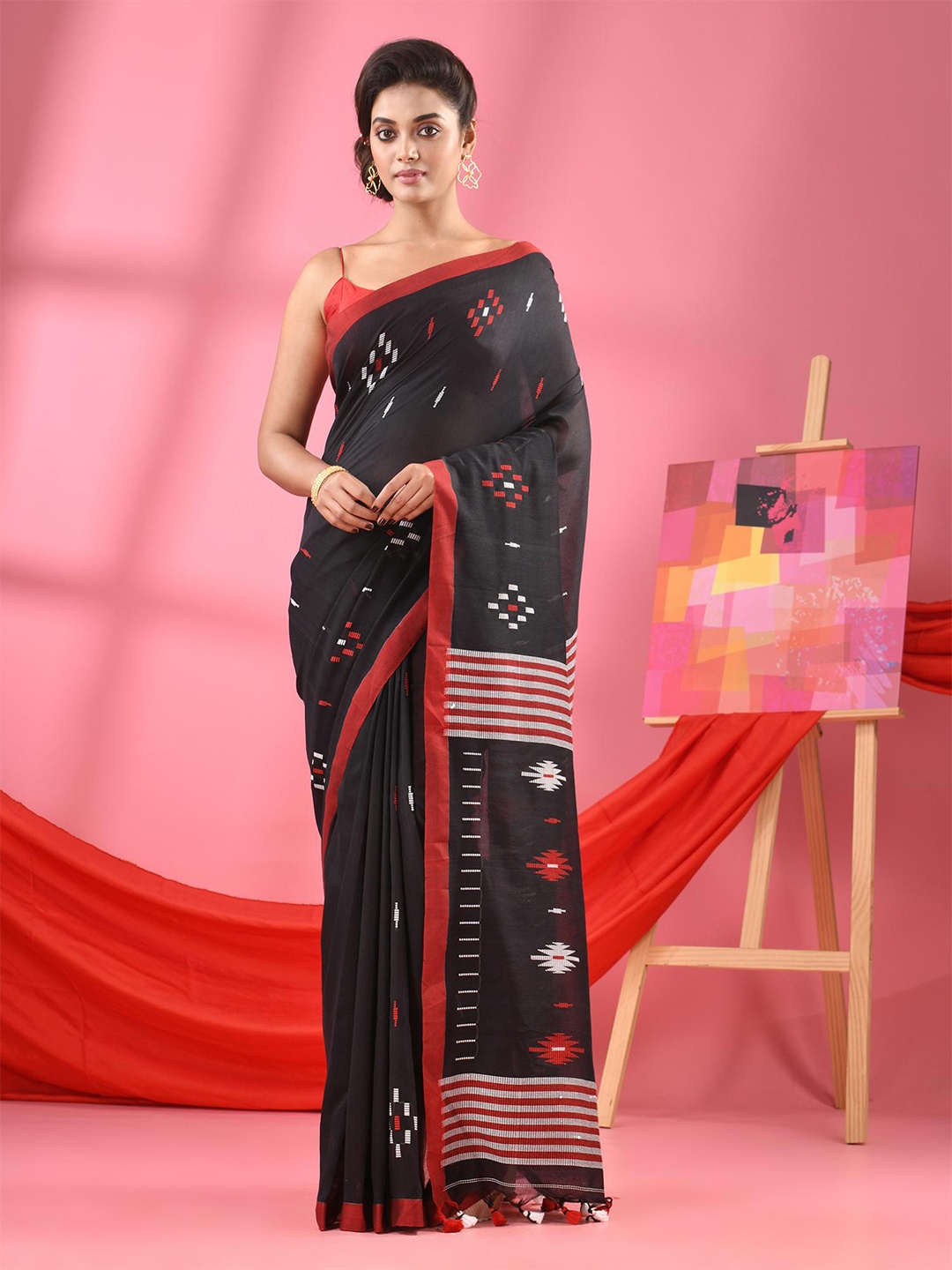 

Angoshobha Geometric Woven Design Pure Cotton Saree, Black