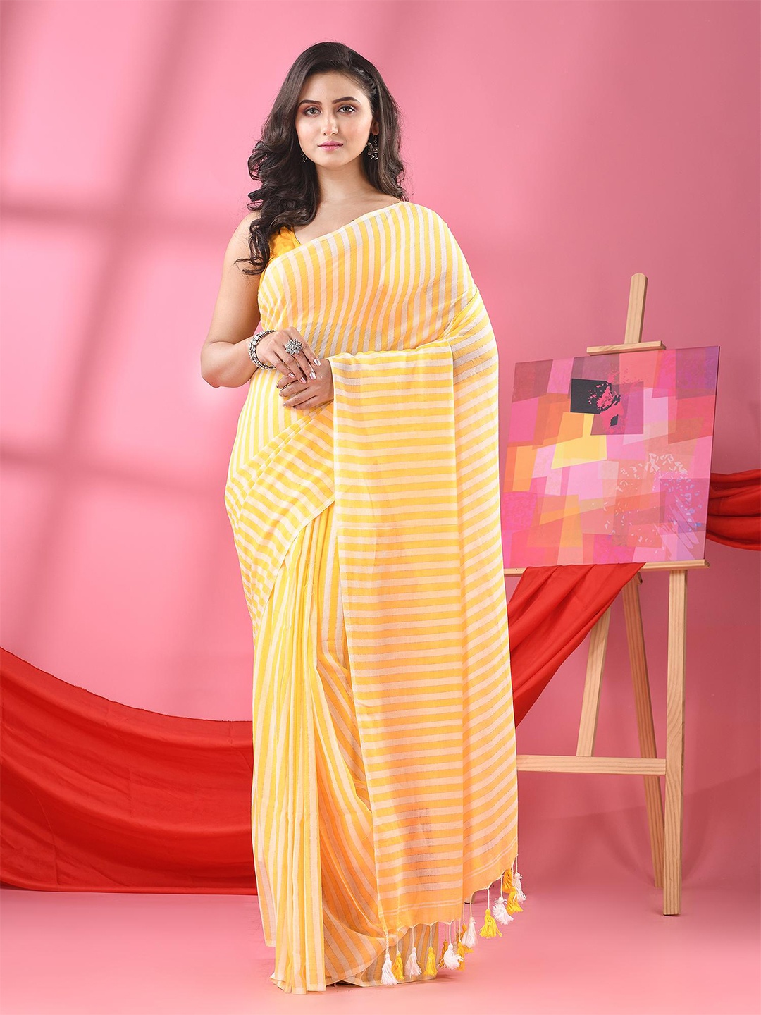 

Angoshobha Striped Pure Cotton Handloom Saree, Yellow