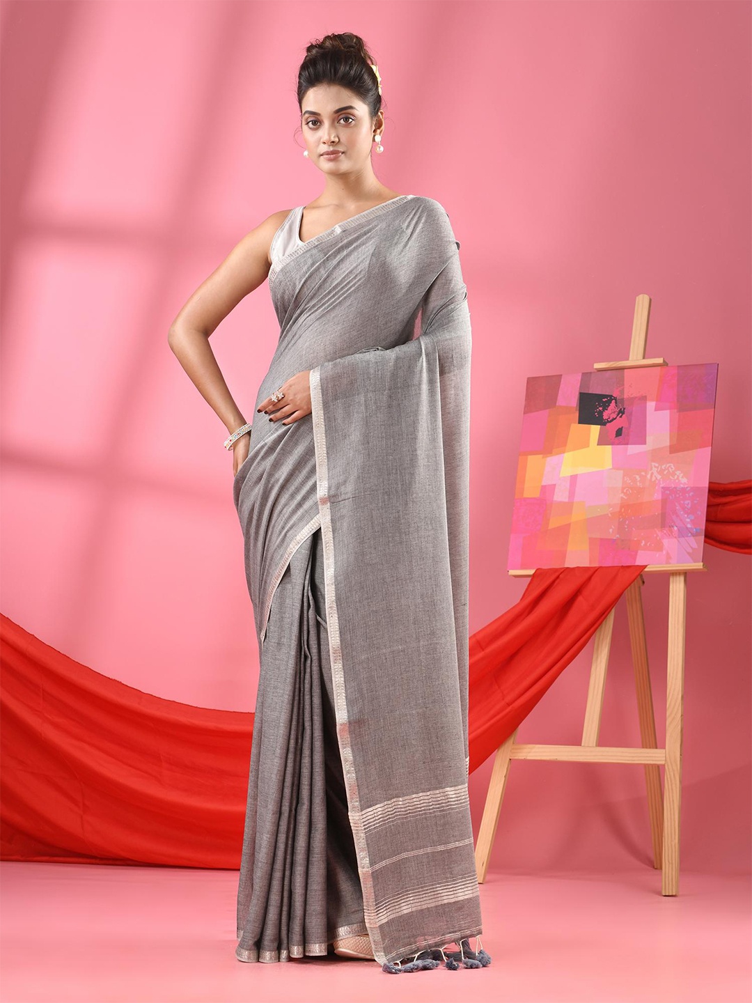 

Angoshobha Zari Pure Cotton Saree, Grey