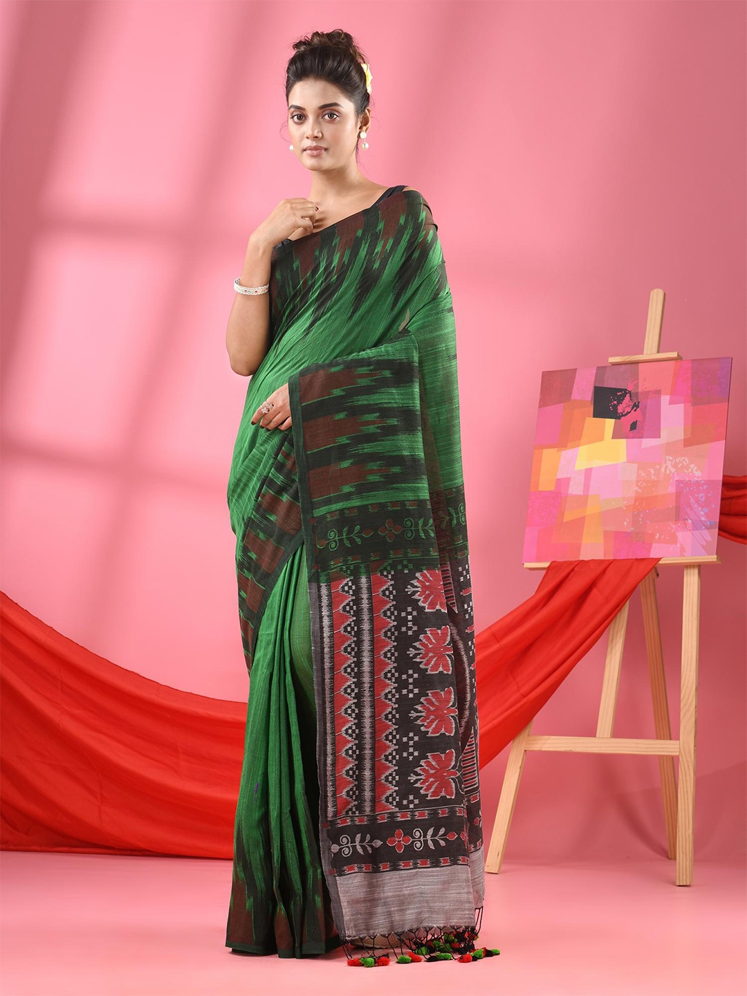 

Angoshobha Ethnic Motifs Woven Design Saree, Green